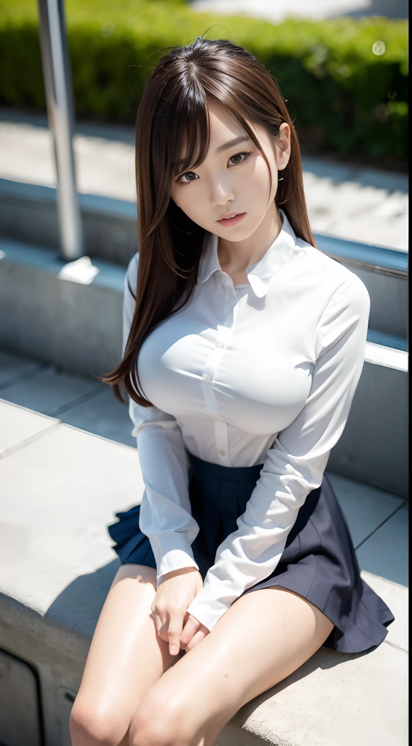 ultra highres,(reality: 1.4),highest quality, masterpiece, high detail, 16K quality, beautiful, 1 beautiful girl,japanese,super beautiful face,baby face,japanese idol face,cute face,super detailed face,detailed hand,beautiful skin,oily skin,big eyes,profeccional lighting,medium hair,brown hair,black beautiful eyes, big smile,sitting with knee up, (skirt lift),big breasts,see through white shirt,ope button,cleavage,(checked skirt),white panties,(showing panties),cameltoe,black high socks,spread legs, she is looking at the camera,classroom,nsfw,from front,