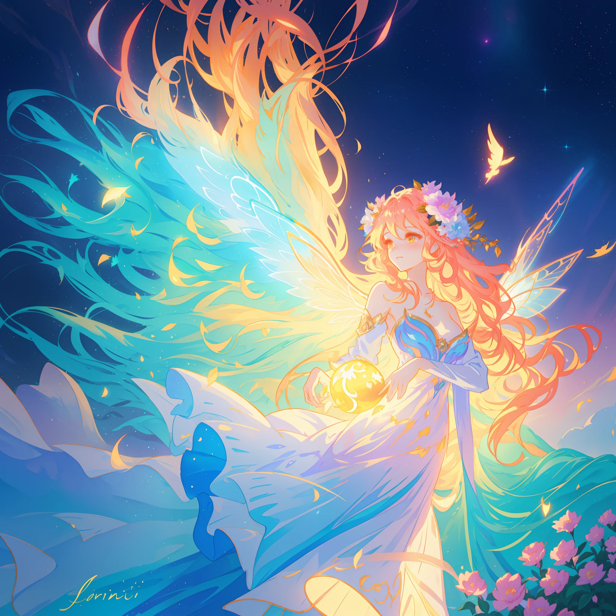 beautiful girl in flowing ballgown dress, (glowing fairy wings), glowing flowing ballgown, long wavy hair, sparkling fairy wings, watercolor illustration, flowers and colorful plants, inspired by Glen Keane, inspired by Lois van Baarle, disney art style, by Lois van Baarle, glowing aura around her, by Glen Keane, jen bartel, glowing lights! digital painting, flowing glowing hair, glowing flowing hair, beautiful digital illustration, fantasia otherworldly landscape plants flowers, beautiful, masterpiece, best quality, anime disney style