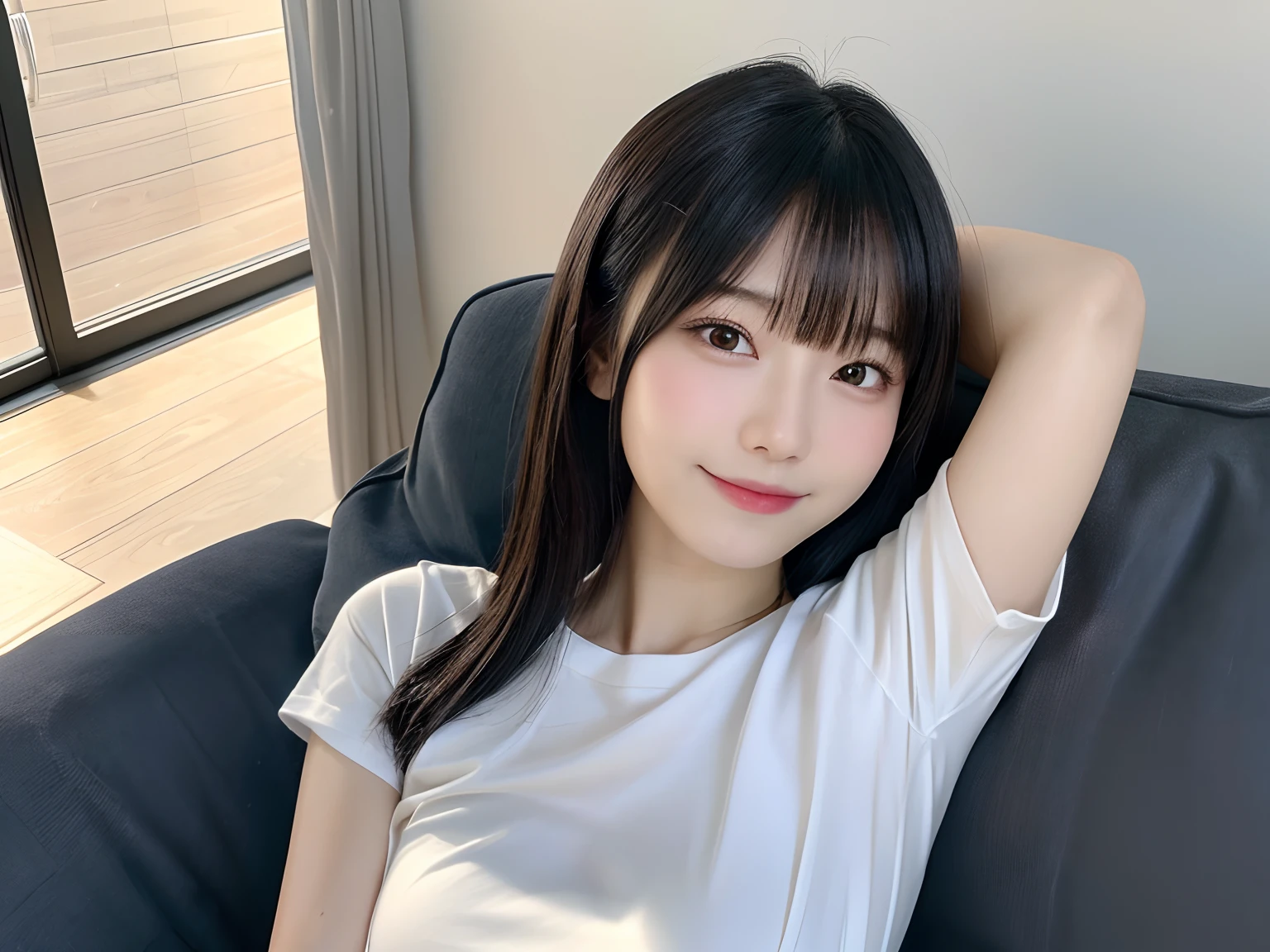 (top-quality,8K,masterpiece:1.3,),(超A high resolution,Photorealsitic:1.4,Raw photography),(ultra-detailliert,shinny skin,),(Detailed face,Perfect Anatomy,Caustics),(Sleeping on the couch with your eyes closed)女の子1人,18year old,kawaii,Japanese ido,A dark-haired,Shorthair,Gentle smile,white t-shirts,large boob,erectile nipple,Gray shorts,(The light coming in from the window illuminates the girl),natural soft light