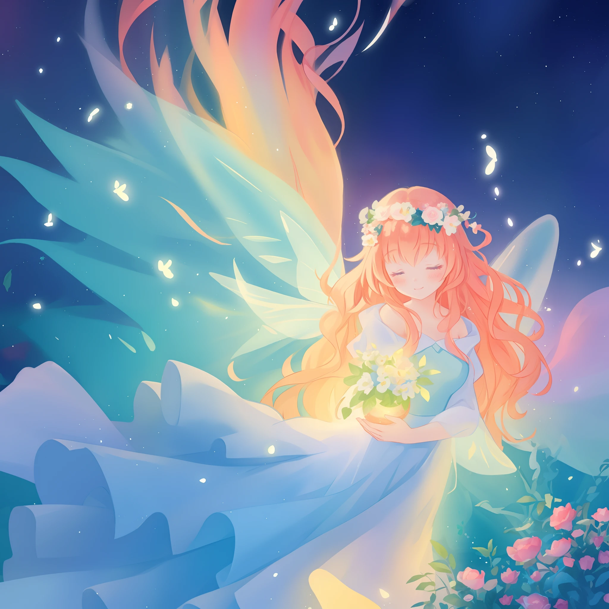 beautiful girl in flowing ballgown dress, (glowing fairy wings), glowing flowing ballgown, long wavy hair, sparkling fairy wings, watercolor illustration, flowers and colorful plants, inspired by Glen Keane, inspired by Lois van Baarle, disney art style, by Lois van Baarle, glowing aura around her, by Glen Keane, jen bartel, glowing lights! digital painting, flowing glowing hair, glowing flowing hair, beautiful digital illustration, fantasia otherworldly landscape plants flowers, beautiful, masterpiece, best quality, anime disney style