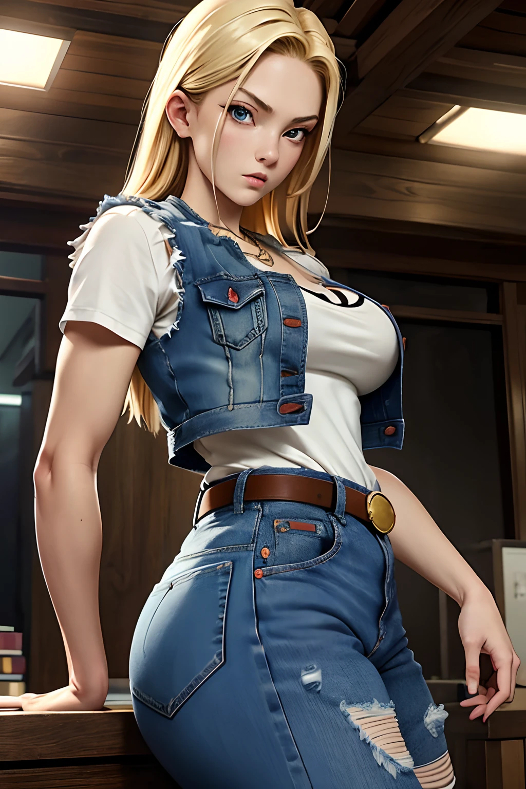 Slender Japan、a blond、verd s eyes、de pele branca、photos realistic、masutepiece, Best Quality,, absurderes, Beautiful Android 18、...db, Solo, , denim, Belt bag, vests, Necklace, jeans, Rock, Volumetric lighting, Best Quality, masutepiece, Intricate details, tonemapping, Sharp Focus, Hyper Detailed, Trending in art stations, Damaged clothes, tits out, Slim body, Good anatomy, Buttocks and curves,、appearance々Pose