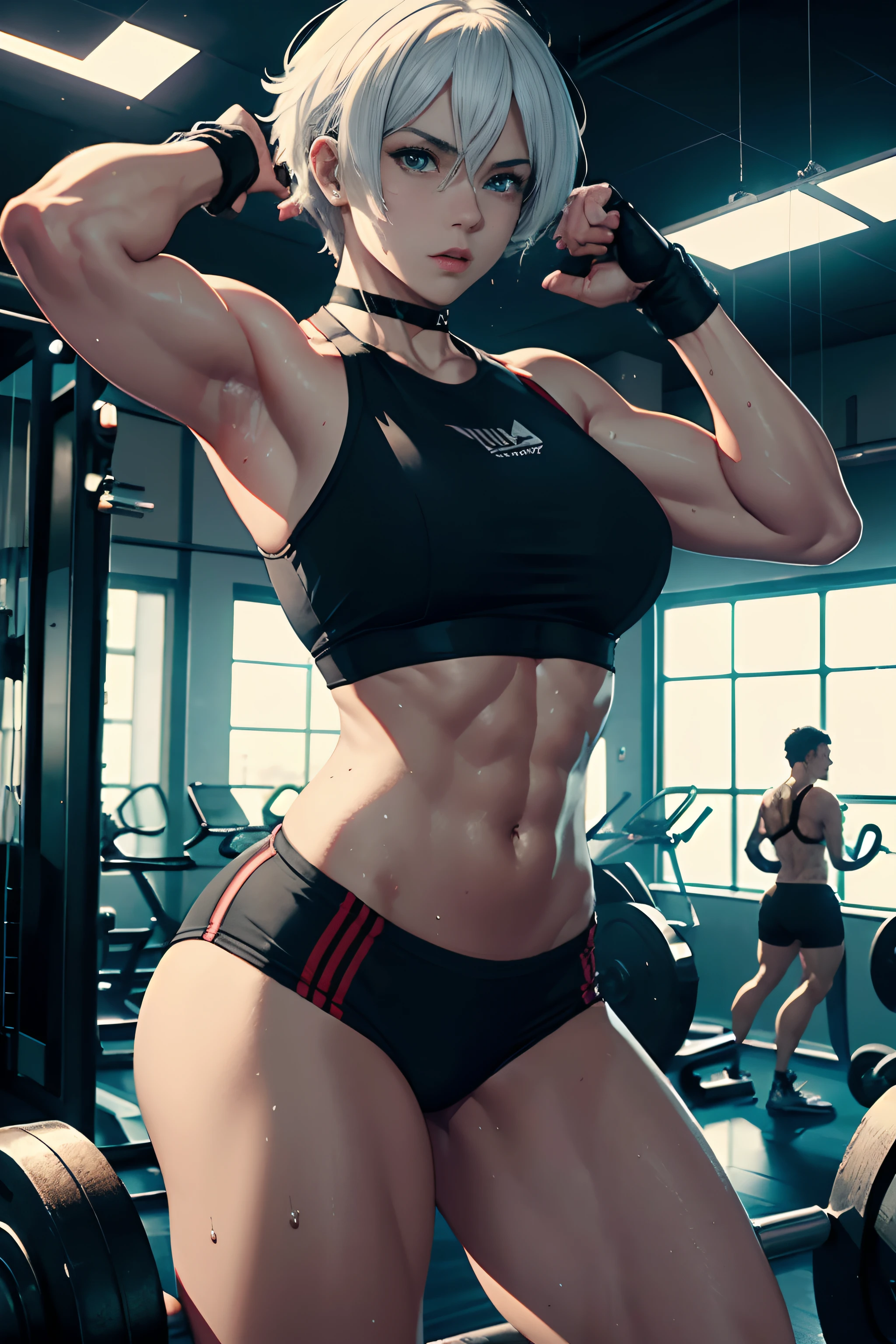 (best quality,4k,8k,highres,masterpiece:1.2),gym,fitness,selfie in front of the mirror,workout,perspiring,dripping sweat,mid-workout selfie,sportswear,sport gear,muscular,tone,toned body,strong physique,athletic,determination,resistance training,weightlifting,dumbbells,mirror reflection,focused,energetic,vibrant colors,intense lighting,strong contrast,energetic atmosphere,fit and healthy,exercise regimen,physical fitness,endurance,cardiovascular exercise, angel from the king of fighters, white hair, short hair.