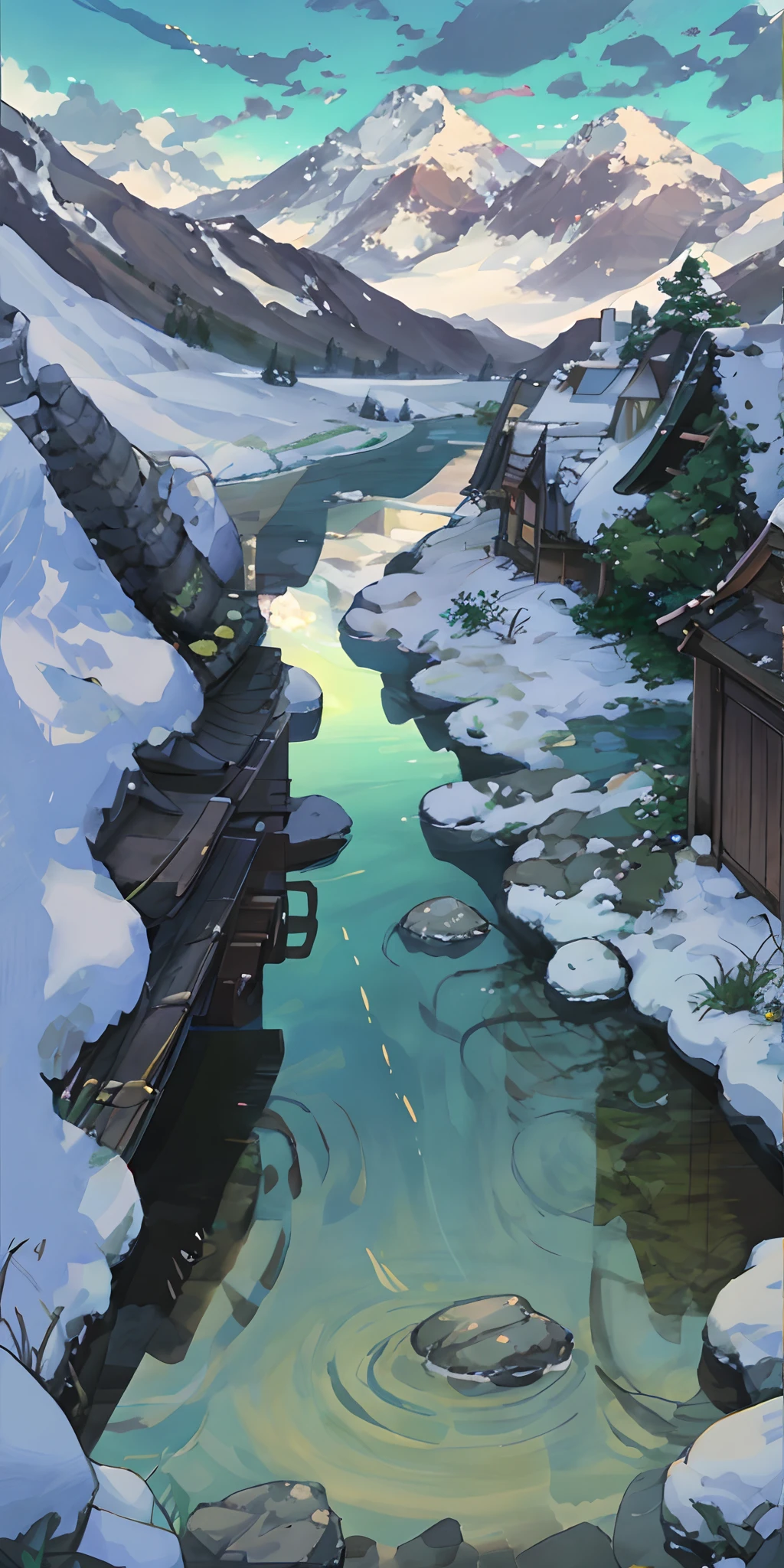 winter day、jungles、lakes、hole in the mountains、The tree、grassy fields、Rochas、hot onsen、hydrosphere、(illustratio:1.0)、Epic composition、Realistic lighting、high definition detail、tmasterpiece、Best quality,(非常详细的 CG 统一 8k 壁纸)