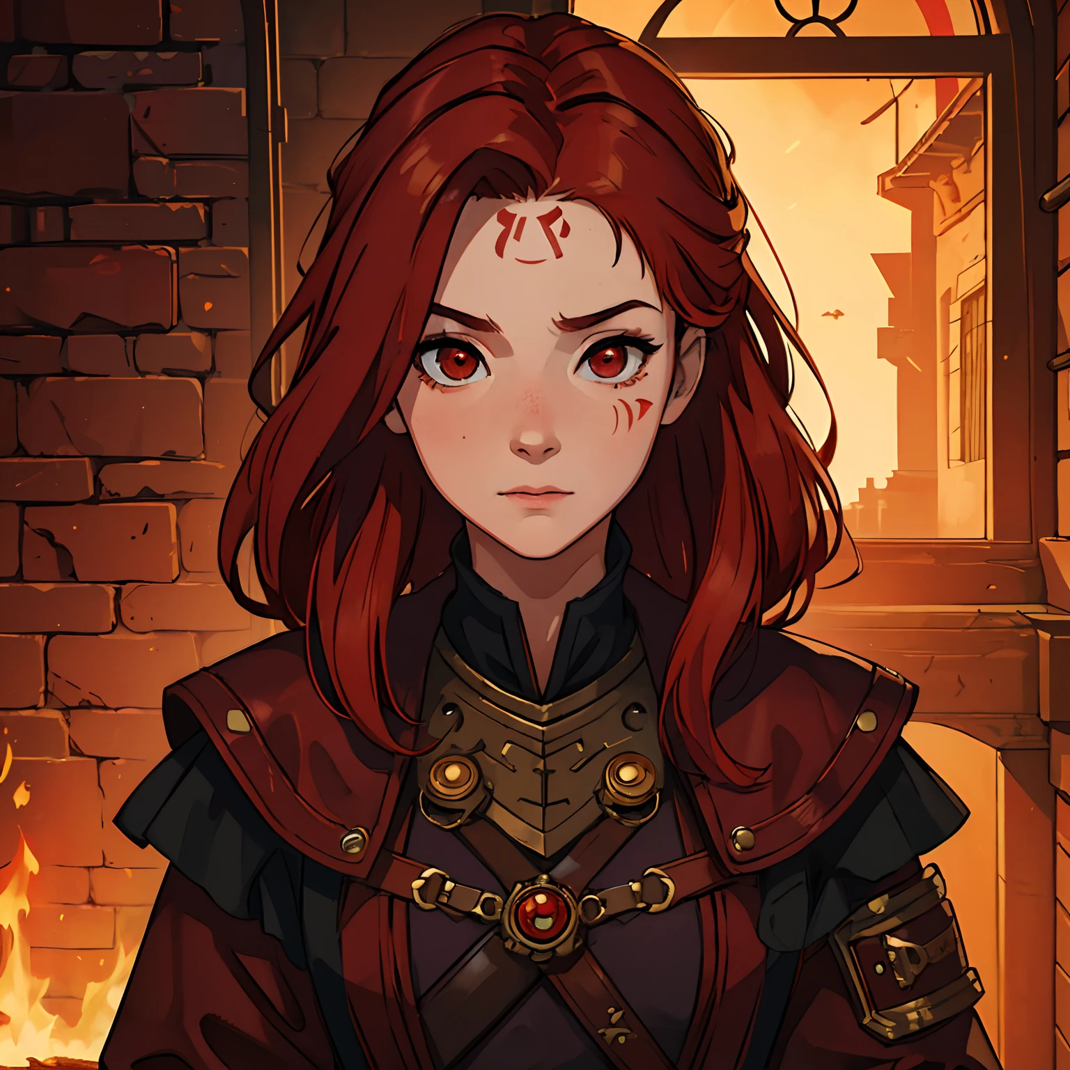 (best quality,4k,8k,Altas,master part:1.2),ultra-detalhado,Realistic:1.37,retrato,Red-haired child with red eyes,[Steampunk] garments,em seu quarto,vivid colors,Warm-toned lighting, The  has marks on the forehead like tattoo