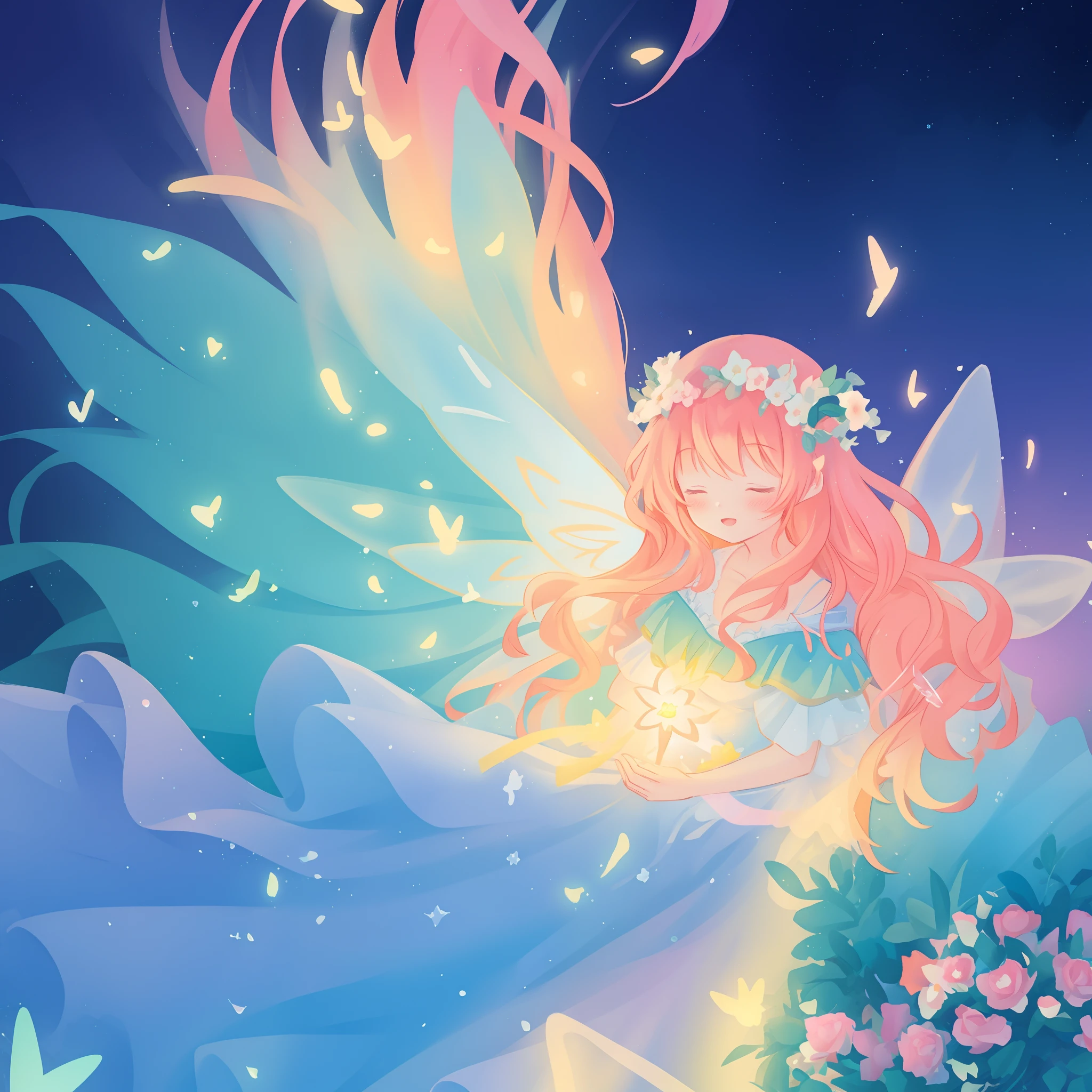beautiful girl in flowing ballgown dress, (glowing fairy wings), glowing flowing ballgown, long wavy hair, sparkling fairy wings, watercolor illustration, flowers and colorful plants, inspired by Glen Keane, inspired by Lois van Baarle, disney art style, by Lois van Baarle, glowing aura around her, by Glen Keane, jen bartel, glowing lights! digital painting, flowing glowing hair, glowing flowing hair, beautiful digital illustration, fantasia otherworldly landscape plants flowers, beautiful, masterpiece, best quality, anime disney style