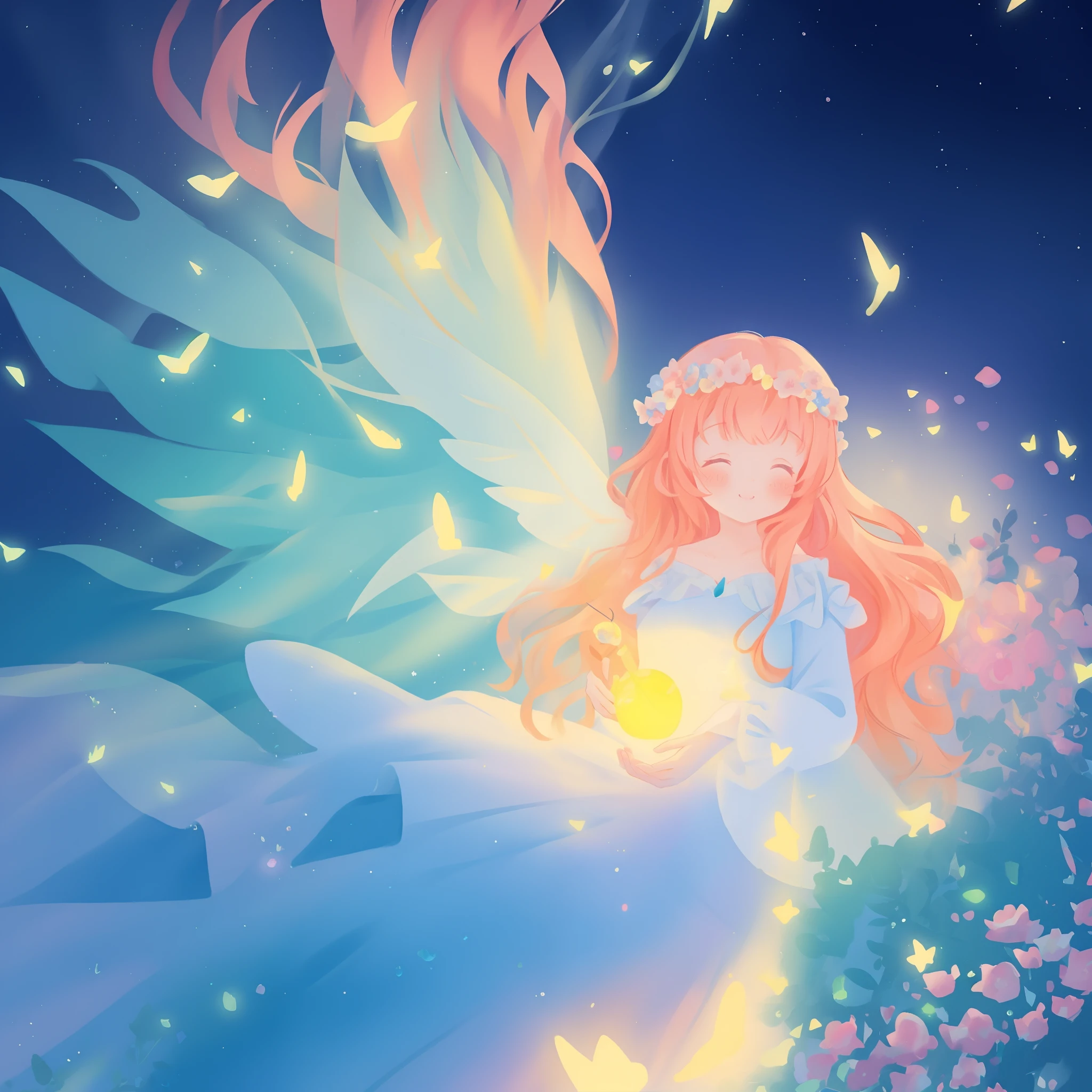 beautiful girl in flowing ballgown dress, (glowing fairy wings), glowing flowing ballgown, long wavy hair, sparkling fairy wings, watercolor illustration, flowers and colorful plants, inspired by Glen Keane, inspired by Lois van Baarle, disney art style, by Lois van Baarle, glowing aura around her, by Glen Keane, jen bartel, glowing lights! digital painting, flowing glowing hair, glowing flowing hair, beautiful digital illustration, fantasia otherworldly landscape plants flowers, beautiful, masterpiece, best quality, anime disney style