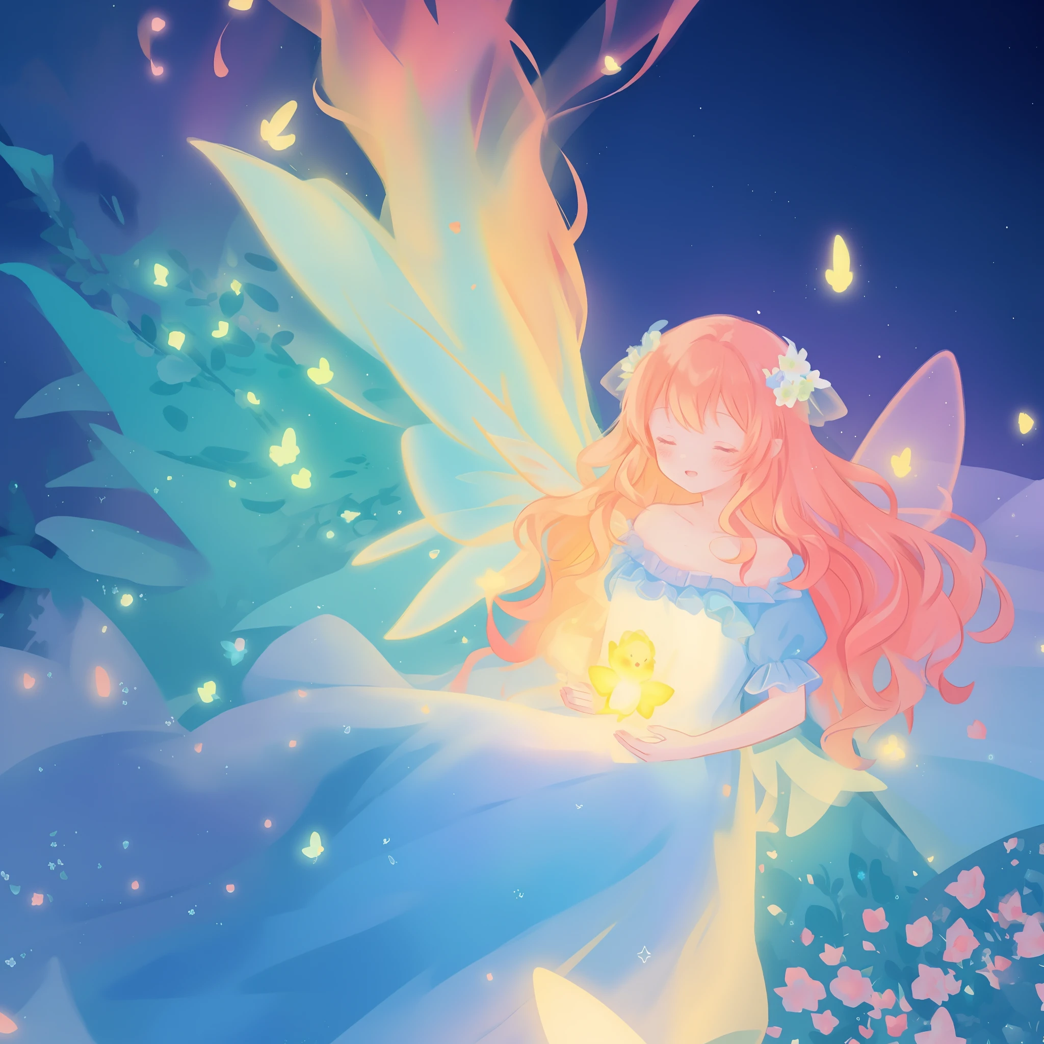 beautiful girl in flowing ballgown dress, (glowing fairy wings), glowing flowing ballgown, long wavy hair, sparkling fairy wings, watercolor illustration, flowers and colorful plants, inspired by Glen Keane, inspired by Lois van Baarle, disney art style, by Lois van Baarle, glowing aura around her, by Glen Keane, jen bartel, glowing lights! digital painting, flowing glowing hair, glowing flowing hair, beautiful digital illustration, fantasia otherworldly landscape plants flowers, beautiful, masterpiece, best quality, anime disney style