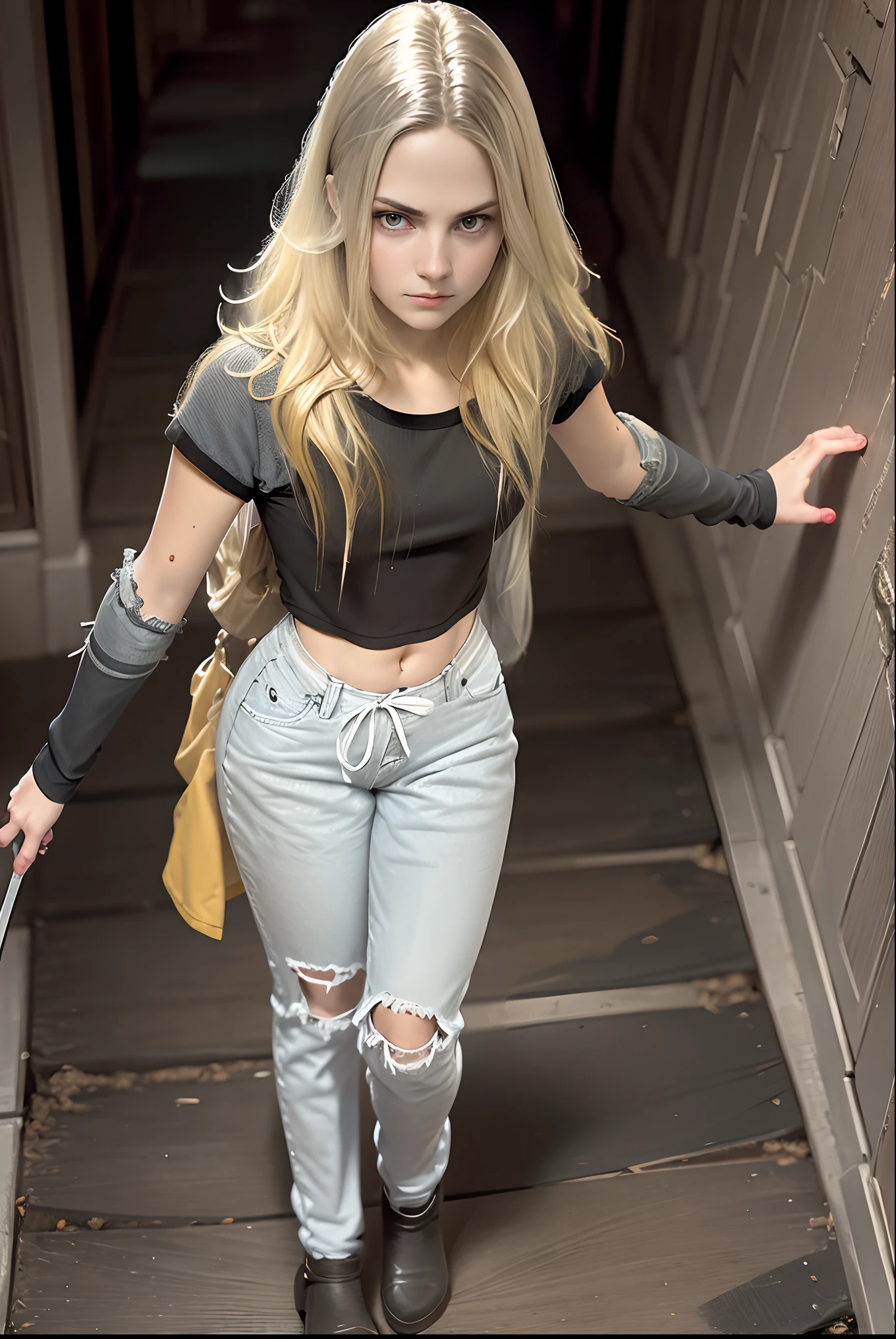 Trinity, walking towards viewer, ripped jeans, walking through a haunted mansion hallway, serious face,