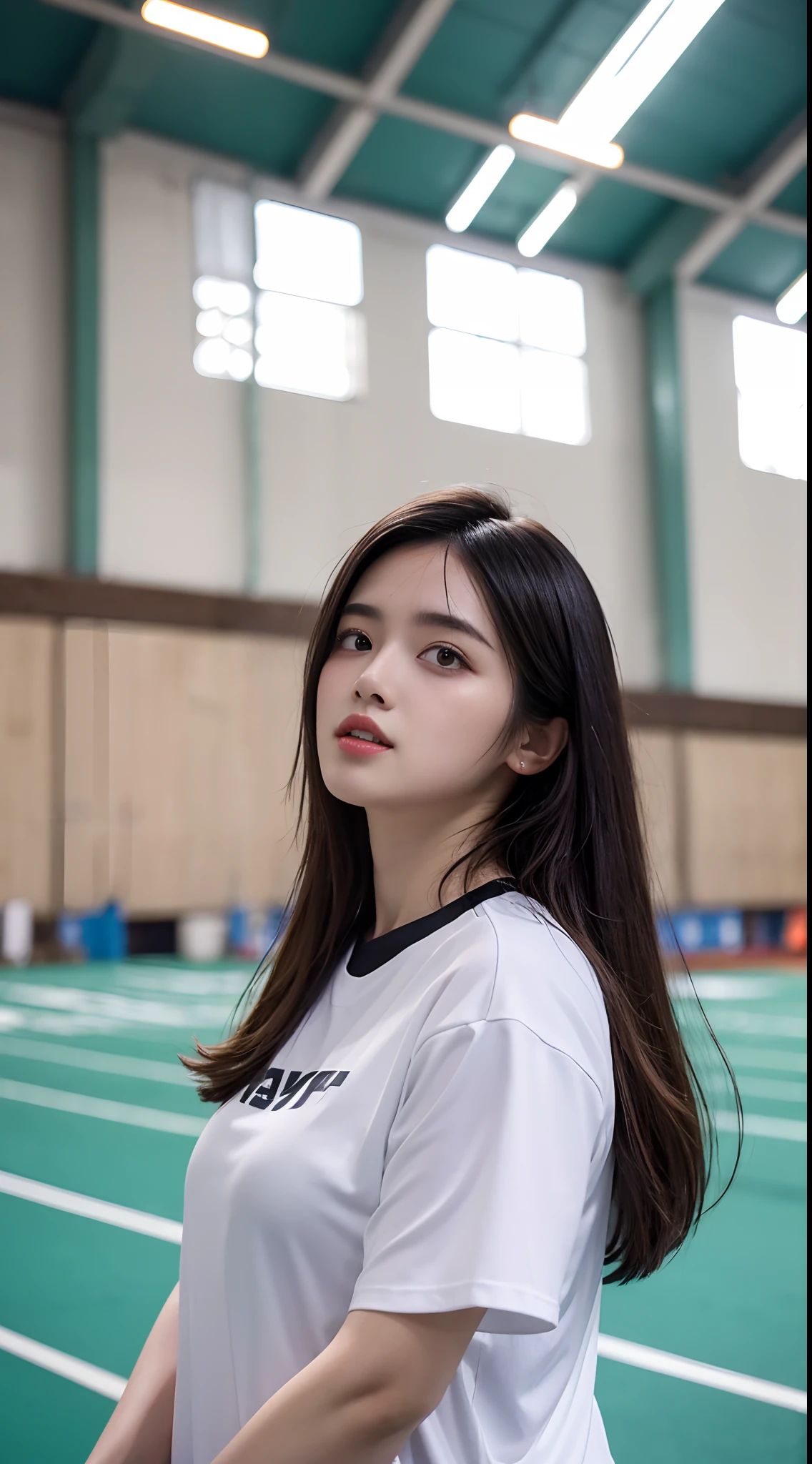 Masterpiece, best quality, high quality, 8k, UHD, Arafed a beautiful women, indoor stadium, solo, sport t-shirt, eyelid, white skin, black hair, open thgh, (fat:1.5)