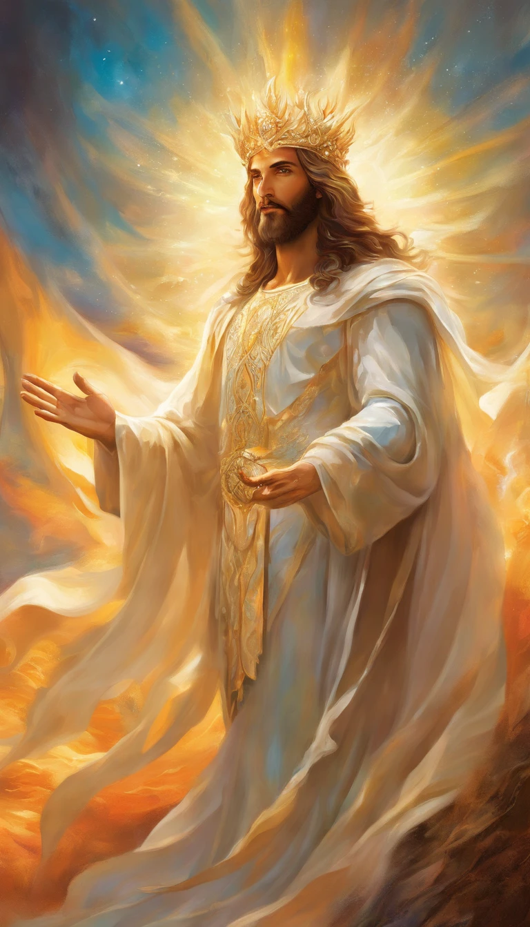An 8K high-definition portrait of an man face(( Jesus Cristo)) ((Um homem anjo)), (( o Filho de Deus)), Deus, arte de deus, Deus da mitologia grega, Deus da Lua, Deus do amor e da paz, deus bonito, Mitologia do Deus da Terra, o deus Eros, Um retrato impressionante de um deus, Frank Kelly Freas, Estilo Karol Bak, ((beautiful face)), Ultra Definition, melhor qualidade, 32k ultra. Molten iron eyes coming out of flame, face shining like the sun, long flowing hair, bright white, sticking out of mouth, a translucent gleaming beam of light, wearing a shiny white tunic of the first century with polished gold accents