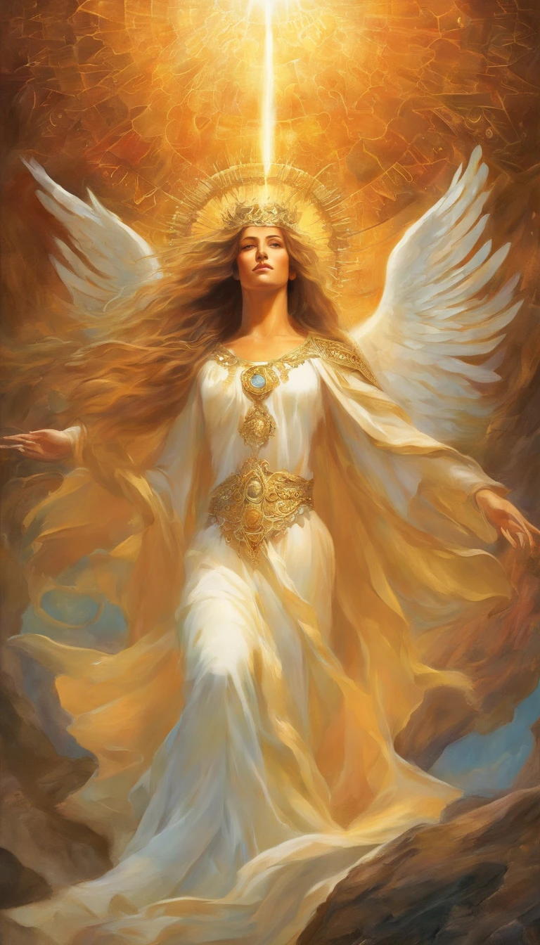 An 8K high-definition portrait of an man face(( Jesus Cristo)) ((Um homem anjo)), (( o Filho de Deus)), Deus, arte de deus, Deus da mitologia grega, Deus da Lua, Deus do amor e da paz, deus bonito, Mitologia do Deus da Terra, o deus Eros, Um retrato impressionante de um deus, Frank Kelly Freas, Estilo Karol Bak, ((beautiful face)), Ultra Definition, melhor qualidade, 32k ultra. Molten iron eyes coming out of flame, face shining like the sun, long flowing hair, bright white, sticking out of mouth, a translucent gleaming beam of light, wearing a shiny white tunic of the first century with polished gold accents