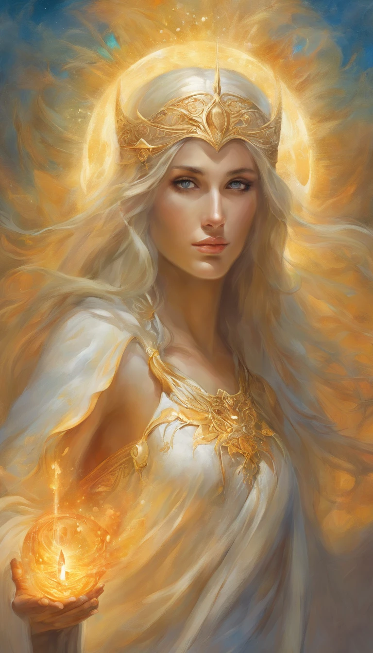 An 8K high-definition portrait of an man face(( Jesus Cristo)) ((Um homem anjo)), (( o Filho de Deus)), Deus, arte de deus, Deus da mitologia grega, Deus da Lua, Deus do amor e da paz, deus bonito, Mitologia do Deus da Terra, o deus Eros, Um retrato impressionante de um deus, Frank Kelly Freas, Estilo Karol Bak, ((beautiful face)), Ultra Definition, melhor qualidade, 32k ultra. Molten iron eyes coming out of flame, face shining like the sun, long flowing hair, bright white, sticking out of mouth, a translucent gleaming beam of light, wearing a shiny white tunic of the first century with polished gold accents