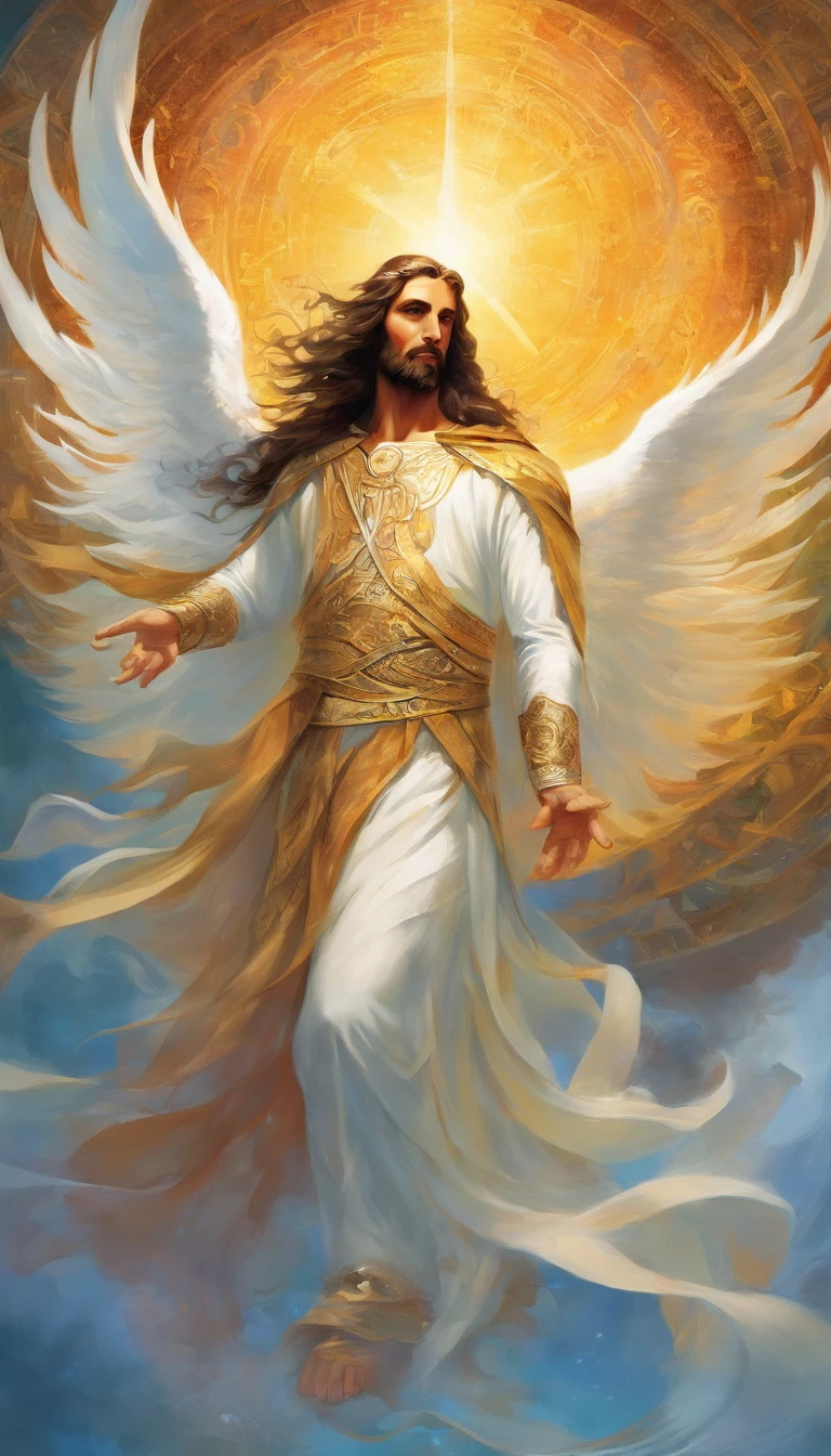 An 8K high-definition portrait of an man face(( Jesus Cristo)) ((Um homem anjo)), (( o Filho de Deus)), Deus, arte de deus, Deus da mitologia grega, Deus da Lua, Deus do amor e da paz, deus bonito, Mitologia do Deus da Terra, o deus Eros, Um retrato impressionante de um deus, Frank Kelly Freas, Estilo Karol Bak, ((beautiful face)), Ultra Definition, melhor qualidade, 32k ultra. Molten iron eyes coming out of flame, face shining like the sun, long flowing hair, bright white, sticking out of mouth, a translucent gleaming beam of light, wearing a shiny white tunic of the first century with polished gold accents