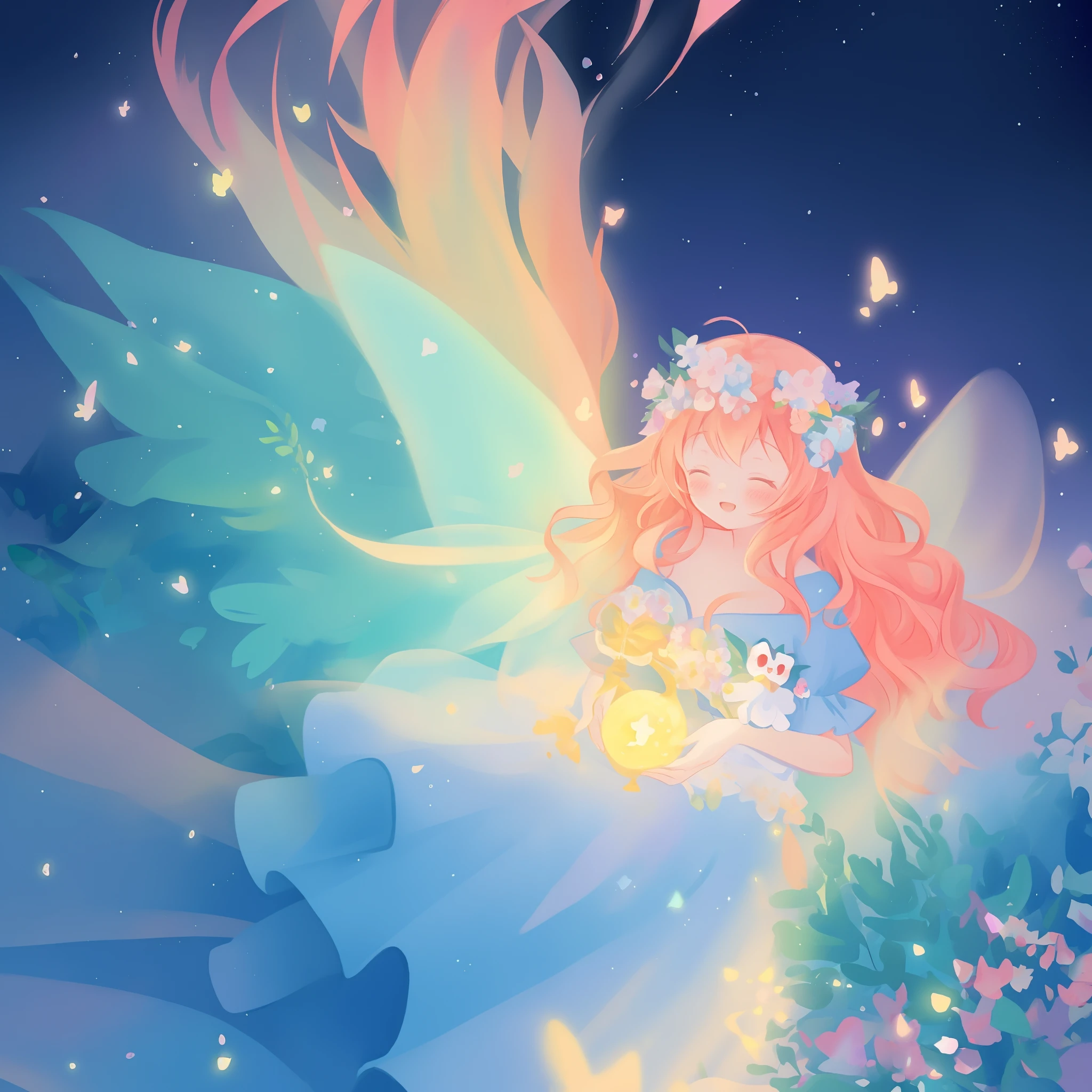 beautiful girl in flowing ballgown dress, (glowing fairy wings), glowing flowing ballgown, long wavy hair, sparkling fairy wings, watercolor illustration, flowers and colorful plants, inspired by Glen Keane, inspired by Lois van Baarle, disney art style, by Lois van Baarle, glowing aura around her, by Glen Keane, jen bartel, glowing lights! digital painting, flowing glowing hair, glowing flowing hair, beautiful digital illustration, fantasia otherworldly landscape plants flowers, beautiful, masterpiece, best quality, anime disney style