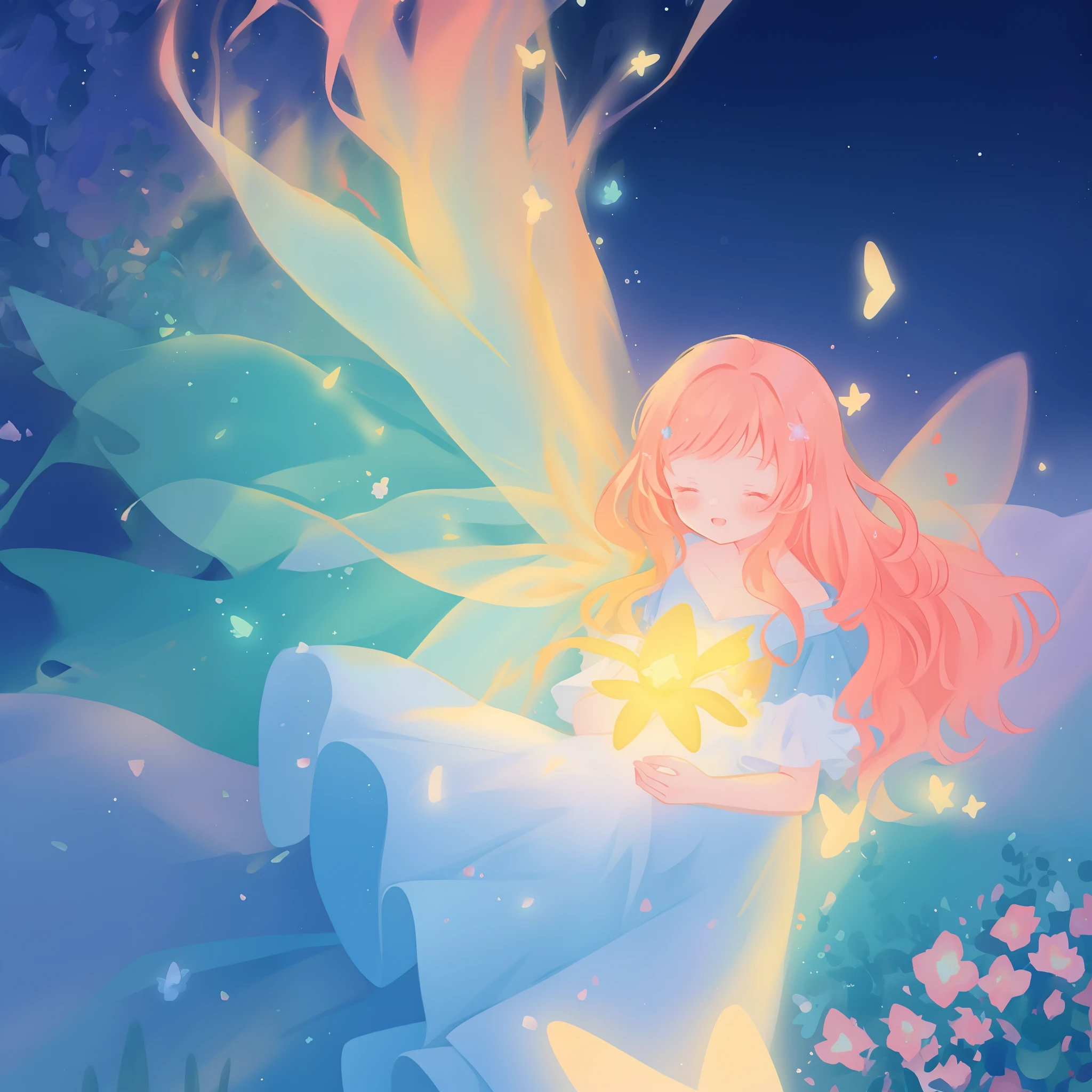 beautiful girl in flowing ballgown dress, (glowing fairy wings), glowing flowing ballgown, long wavy hair, sparkling fairy wings, watercolor illustration, flowers and colorful plants, inspired by Glen Keane, inspired by Lois van Baarle, disney art style, by Lois van Baarle, glowing aura around her, by Glen Keane, jen bartel, glowing lights! digital painting, flowing glowing hair, glowing flowing hair, beautiful digital illustration, fantasia otherworldly landscape plants flowers, beautiful, masterpiece, best quality, anime disney style