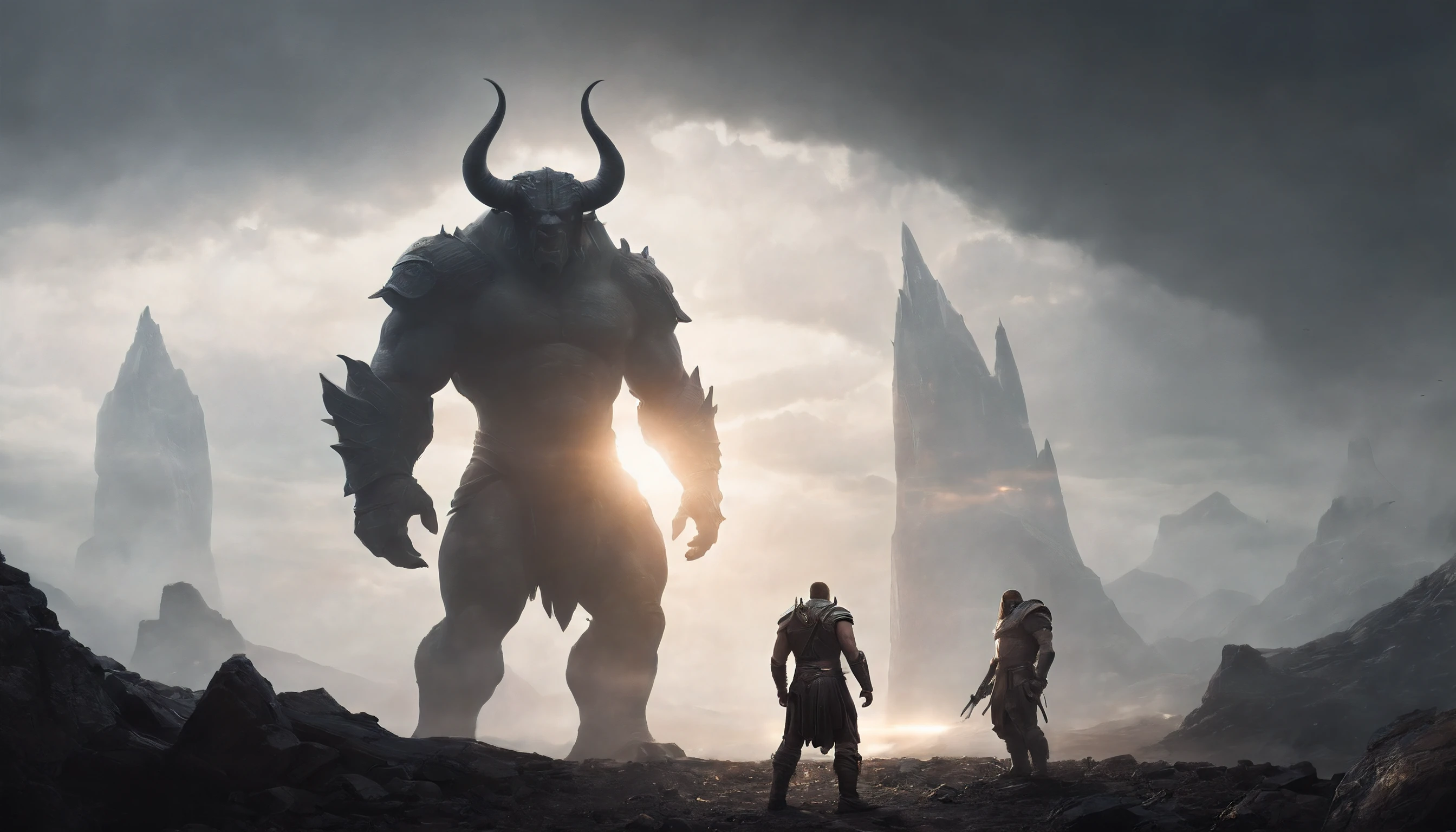 two warriors silhouettes standing in front of a massive Minotaur aggressively standing 100feet tall, located in a battlefield , concept art wallpaper 4k, sci-fi fantasy wallpaper, sci fi artwork, detailed sci-fi art, beautiful sci fi art, spaceships in the cloudy sky, concept art artwork masterpiece, concept art 4k, concept art 4 k, sci fi concept art, mystical sci-fi concept art