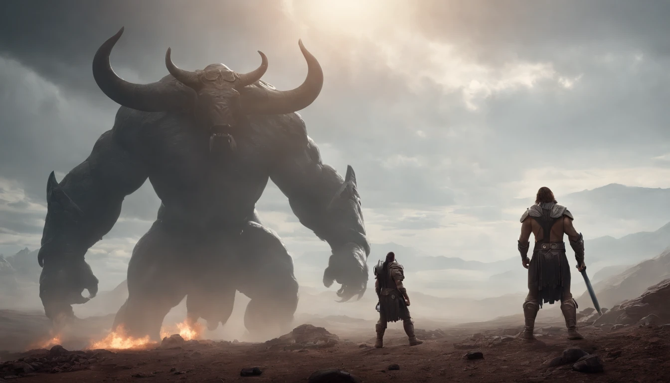 two warriors silhouettes standing in front of a massive Minotaur aggressively standing 100feet tall, located in a battlefield , concept art wallpaper 4k, sci-fi fantasy wallpaper, sci fi artwork, detailed sci-fi art, beautiful sci fi art, spaceships in the cloudy sky, concept art artwork masterpiece, concept art 4k, concept art 4 k, sci fi concept art, mystical sci-fi concept art