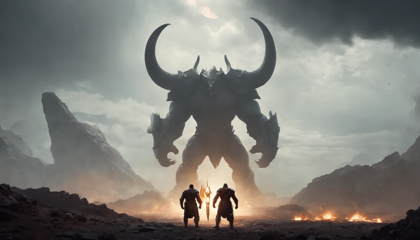 two warriors silhouettes standing in front of a massive Minotaur aggressively standing 100feet tall, located in a battlefield , concept art wallpaper 4k, sci-fi fantasy wallpaper, sci fi artwork, detailed sci-fi art, beautiful sci fi art, spaceships in the cloudy sky, concept art artwork masterpiece, concept art 4k, concept art 4 k, sci fi concept art, mystical sci-fi concept art
