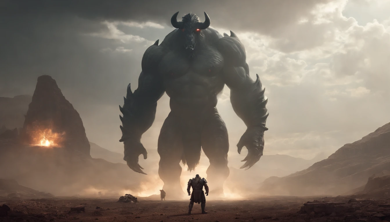 two warriors silhouettes standing in front of a massive Minotaur aggressively standing 100feet tall, located in a battlefield , concept art wallpaper 4k, sci-fi fantasy wallpaper, sci fi artwork, detailed sci-fi art, beautiful sci fi art, spaceships in the cloudy sky, concept art artwork masterpiece, concept art 4k, concept art 4 k, sci fi concept art, mystical sci-fi concept art