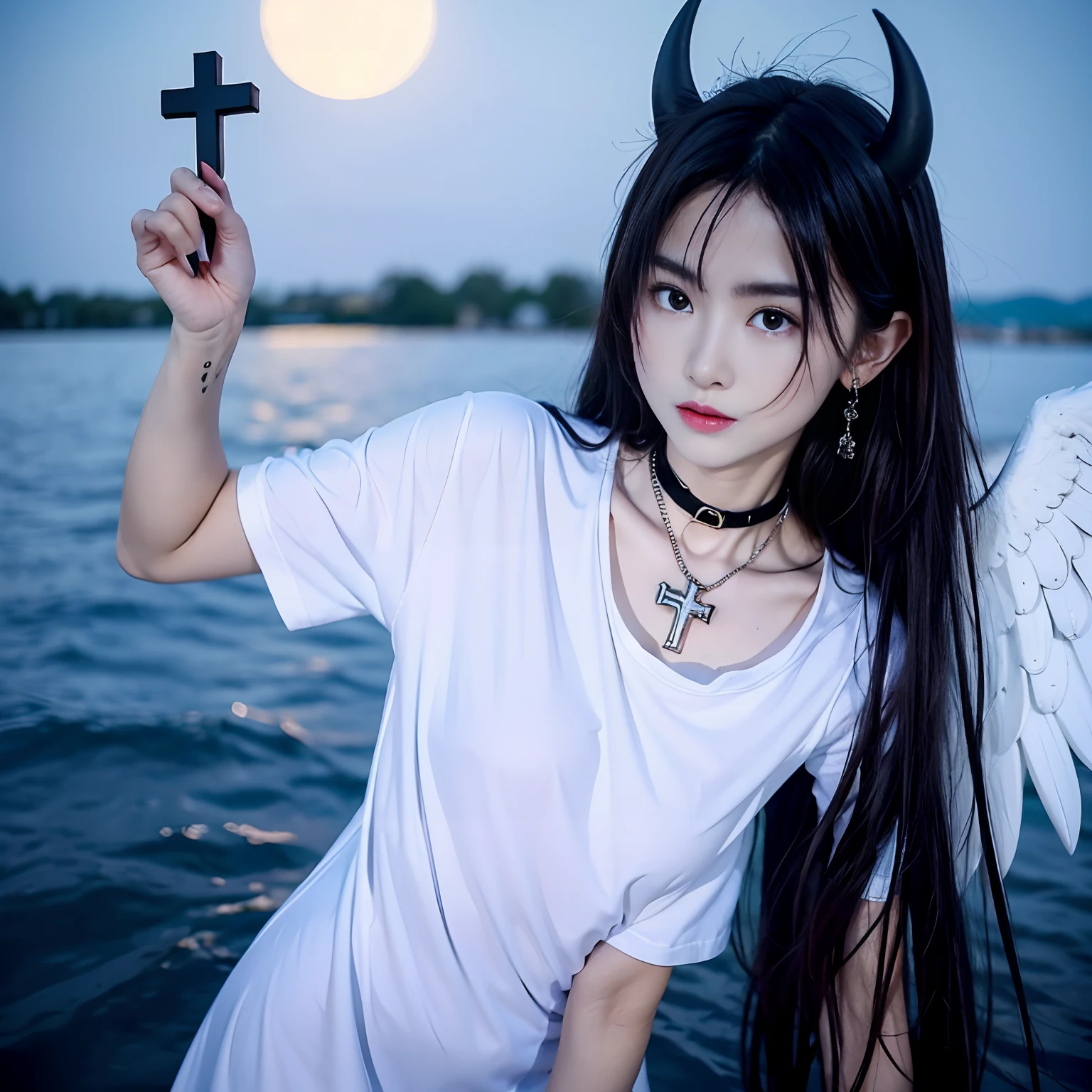 1 girl with jesus, white t shirt, wings, black wings, angel, halo, demon horns, standing on the lake, choker, midget, super villain, stand, with jesus, evening with moon in the sky, look at the viewer, cross necklace, earrings, jewellery, jesus, jesus christ, cross tatto, holding a cross, holding a mini cross