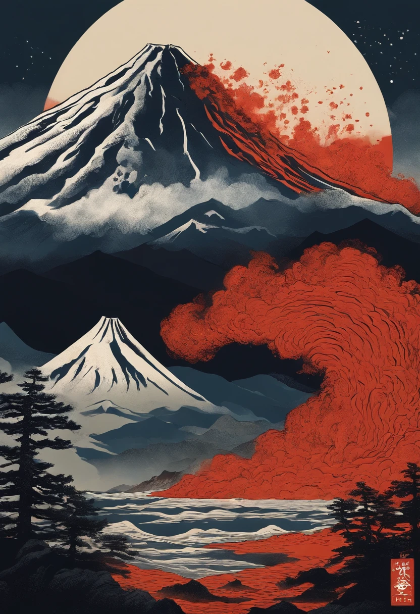 Katsushika Hokusai,Close-up shot,Aerial view,Dramaticlight,Erupting lava,Dante Peak,volcanoes