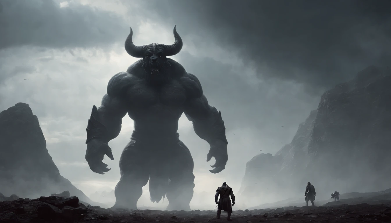 two warriors silhouettes standing in front of a massive Minotaur aggressively standing 100feet tall, located in a battlefield , concept art wallpaper 4k, sci-fi fantasy wallpaper, sci fi artwork, detailed sci-fi art, beautiful sci fi art, spaceships in the cloudy sky, concept art artwork masterpiece, concept art 4k, concept art 4 k, sci fi concept art, mystical sci-fi concept art