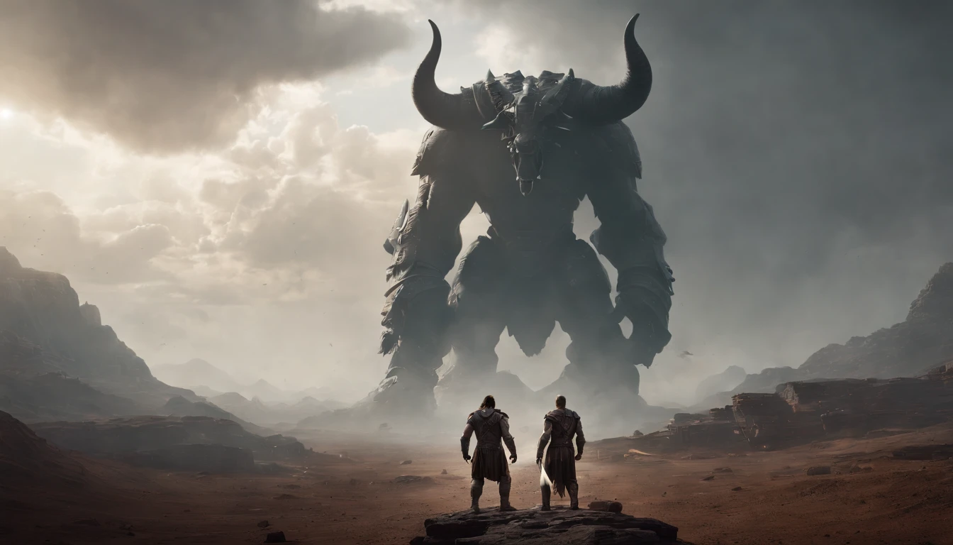 two warriors silhouettes standing in front of a massive Minotaur aggressively standing 100feet tall, located in a battlefield , concept art wallpaper 4k, sci-fi fantasy wallpaper, sci fi artwork, detailed sci-fi art, beautiful sci fi art, spaceships in the cloudy sky, concept art artwork masterpiece, concept art 4k, concept art 4 k, sci fi concept art, mystical sci-fi concept art