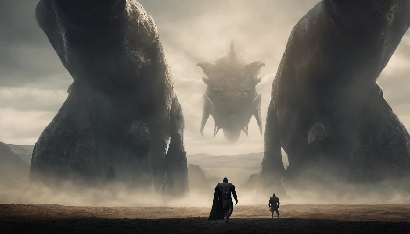 two warriors silhouettes standing in front of a massive Minotaur aggressively standing 100feet tall, located in a battlefield , concept art wallpaper 4k, sci-fi fantasy wallpaper, sci fi artwork, detailed sci-fi art, beautiful sci fi art, spaceships in the cloudy sky, concept art artwork masterpiece, concept art 4k, concept art 4 k, sci fi concept art, mystical sci-fi concept art