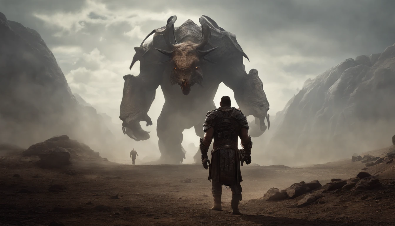 two warriors silhouettes standing in front of a massive Minotaur aggressively standing 100feet tall, located in a battlefield , concept art wallpaper 4k, sci-fi fantasy wallpaper, sci fi artwork, detailed sci-fi art, beautiful sci fi art, spaceships in the cloudy sky, concept art artwork masterpiece, concept art 4k, concept art 4 k, sci fi concept art, mystical sci-fi concept art