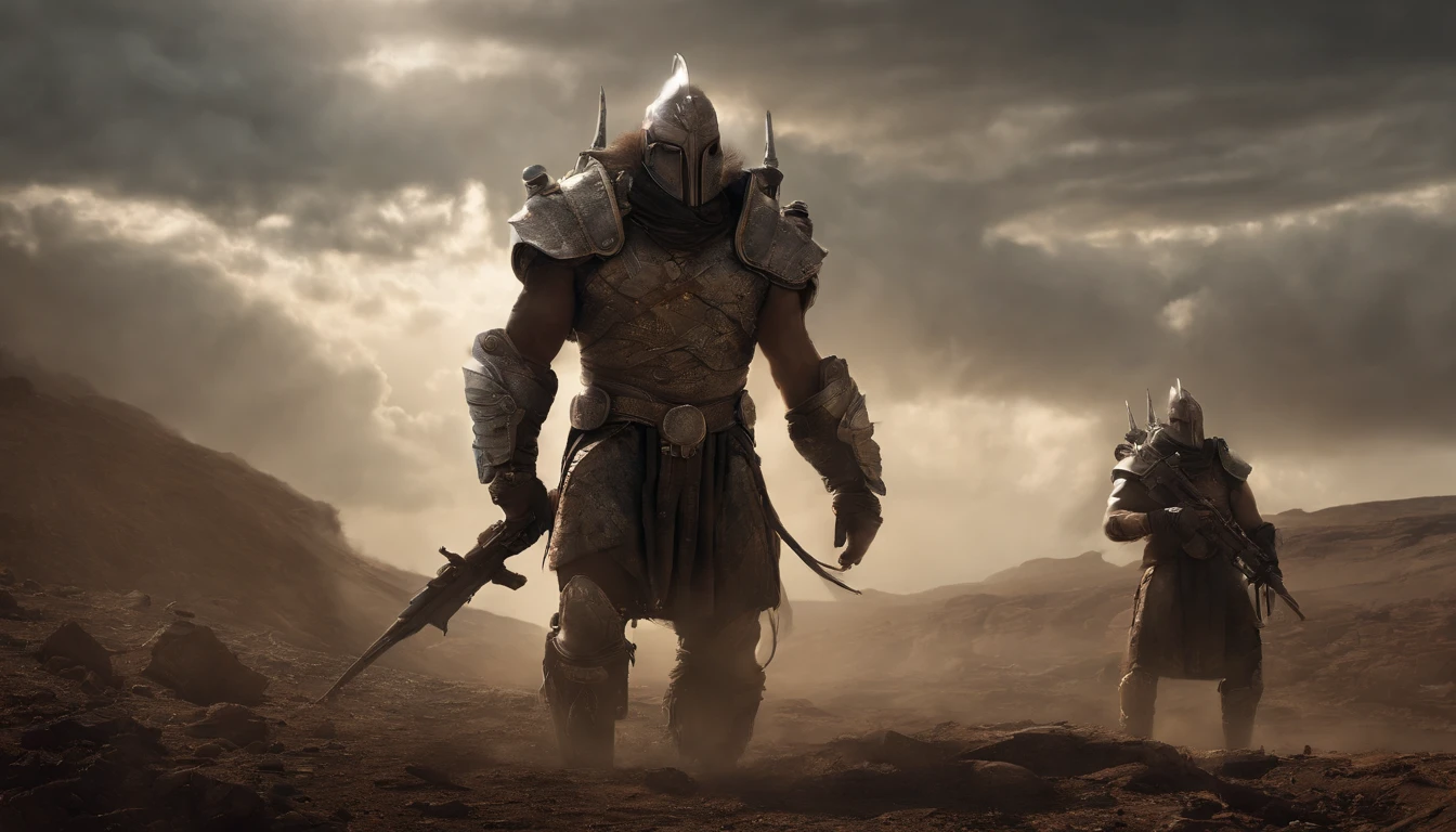 two warriors silhouettes standing in front of a massive Minotaur aggressively standing 100feet tall, located in a battlefield , concept art wallpaper 4k, sci-fi fantasy wallpaper, sci fi artwork, detailed sci-fi art, beautiful sci fi art, spaceships in the cloudy sky, concept art artwork masterpiece, concept art 4k, concept art 4 k, sci fi concept art, mystical sci-fi concept art
