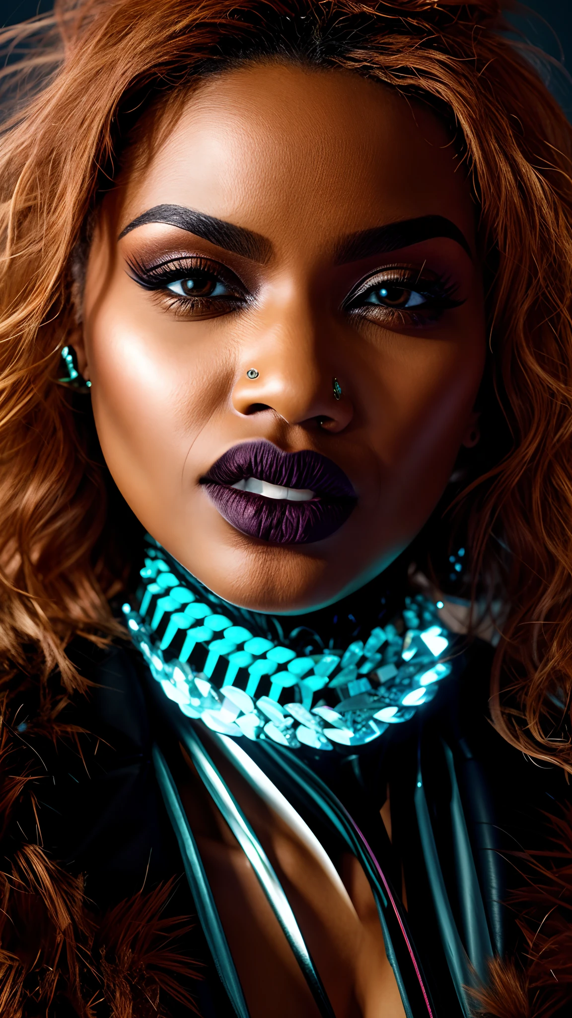um close up de uma mulher com cabelos ruivos e uma jaqueta preta, senhora sedutora, photo shoot, atitude de olhar desafiador, african necklaces, futurism, cyber punk