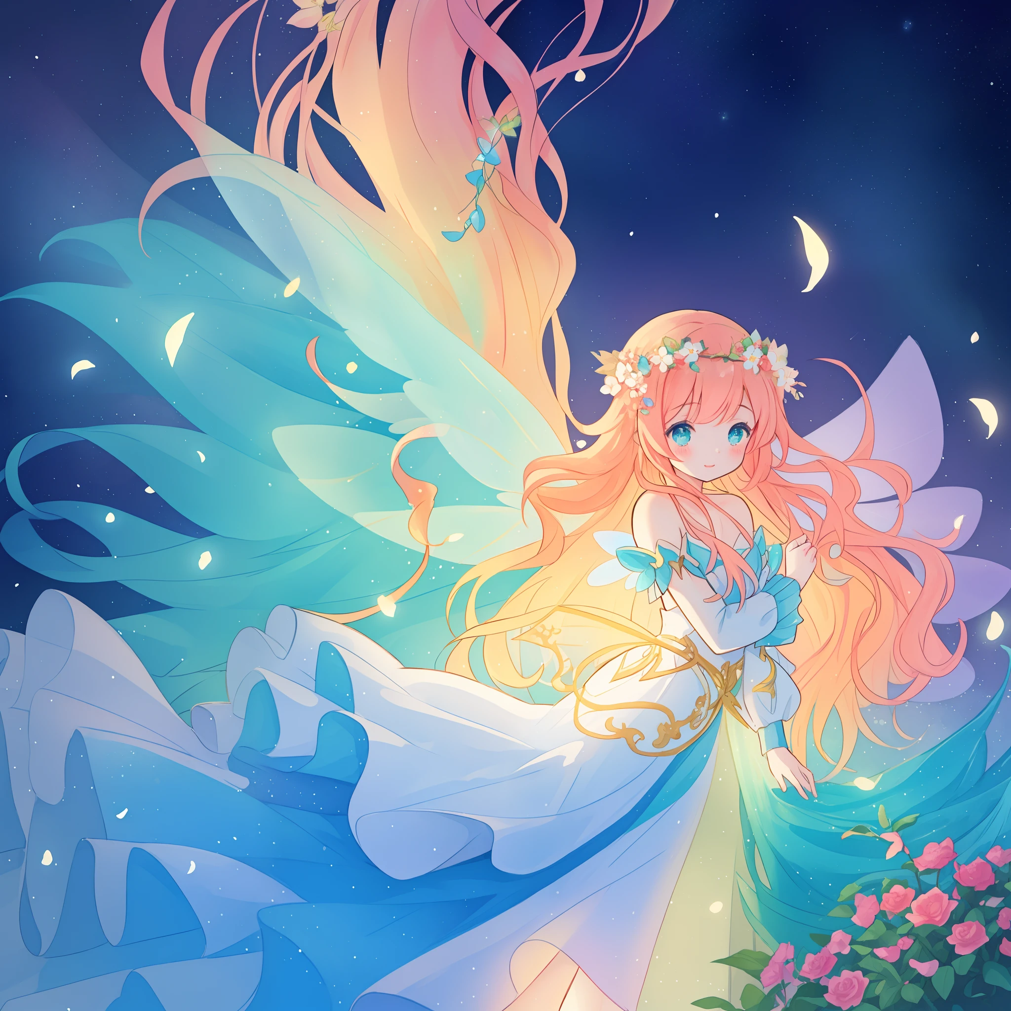 beautiful girl in flowing ballgown dress, (glowing fairy wings), glowing flowing ballgown, long wavy hair, sparkling fairy wings, watercolor illustration, flowers and colorful plants, inspired by Glen Keane, inspired by Lois van Baarle, disney art style, by Lois van Baarle, glowing aura around her, by Glen Keane, jen bartel, glowing lights! digital painting, flowing glowing hair, glowing flowing hair, beautiful digital illustration, fantasia otherworldly landscape plants flowers, beautiful, masterpiece, best quality, anime disney style