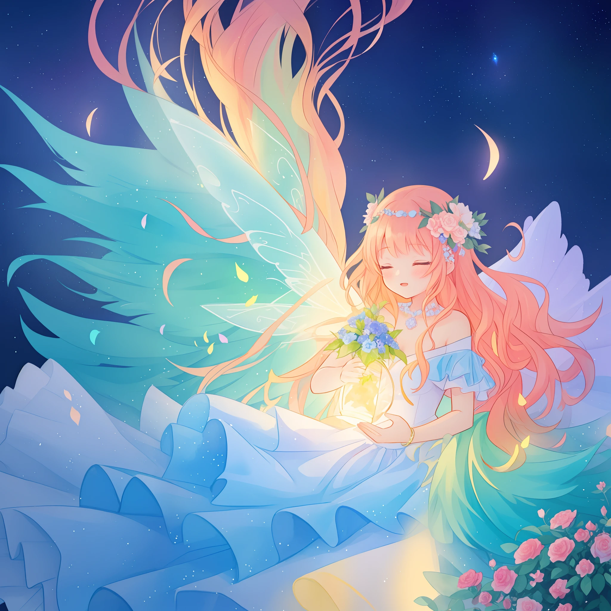 beautiful girl in flowing ballgown dress, (glowing fairy wings), glowing flowing ballgown, long wavy hair, sparkling fairy wings, watercolor illustration, flowers and colorful plants, inspired by Glen Keane, inspired by Lois van Baarle, disney art style, by Lois van Baarle, glowing aura around her, by Glen Keane, jen bartel, glowing lights! digital painting, flowing glowing hair, glowing flowing hair, beautiful digital illustration, fantasia otherworldly landscape plants flowers, beautiful, masterpiece, best quality, anime disney style