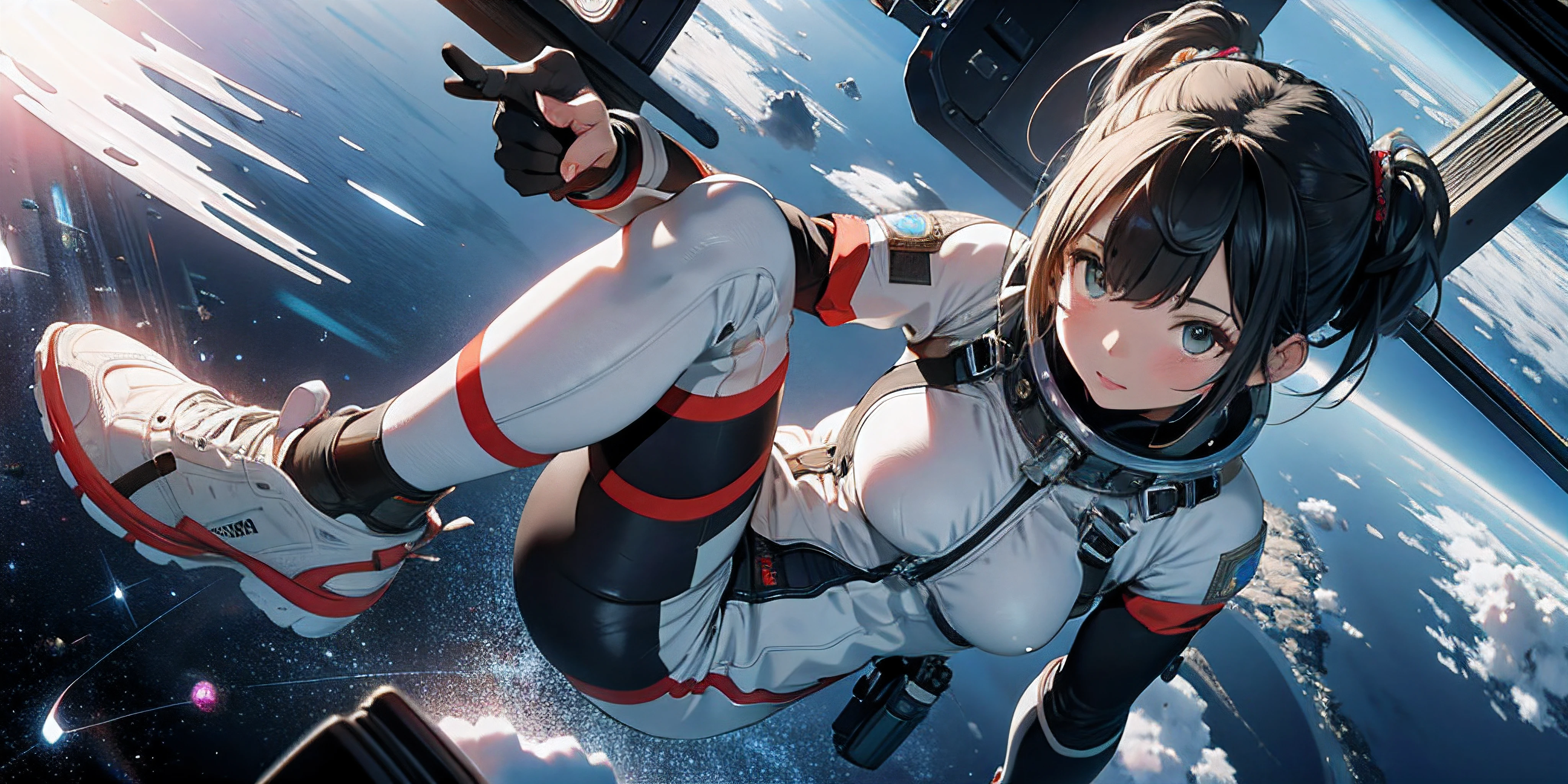 A teenage girl wearing futuristic outfits, inside a space capsule in space, in the background of the image a burning planet, spaceships flying in the background, style sci-fi