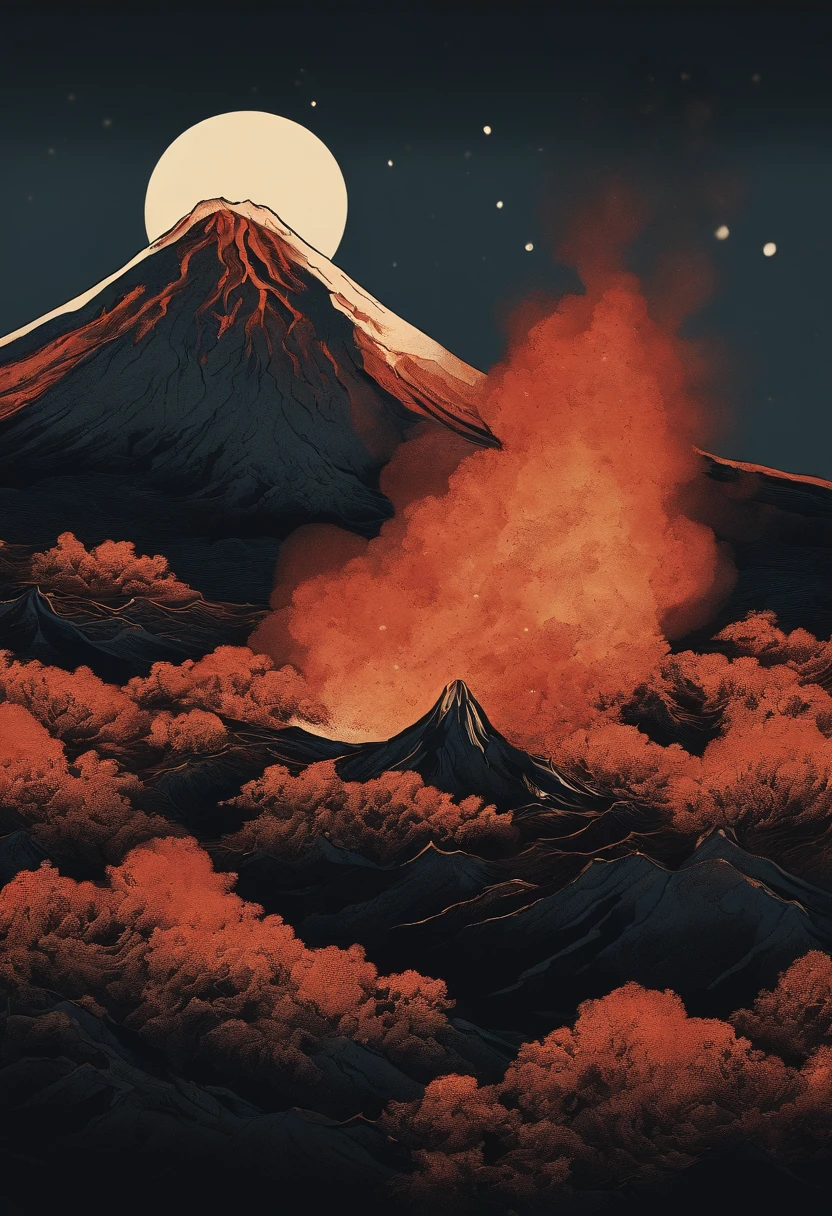 Katsushika Hokusai,Close-up shot,Aerial view,Dramaticlight,Erupting lava,Dante Peak,volcanoes