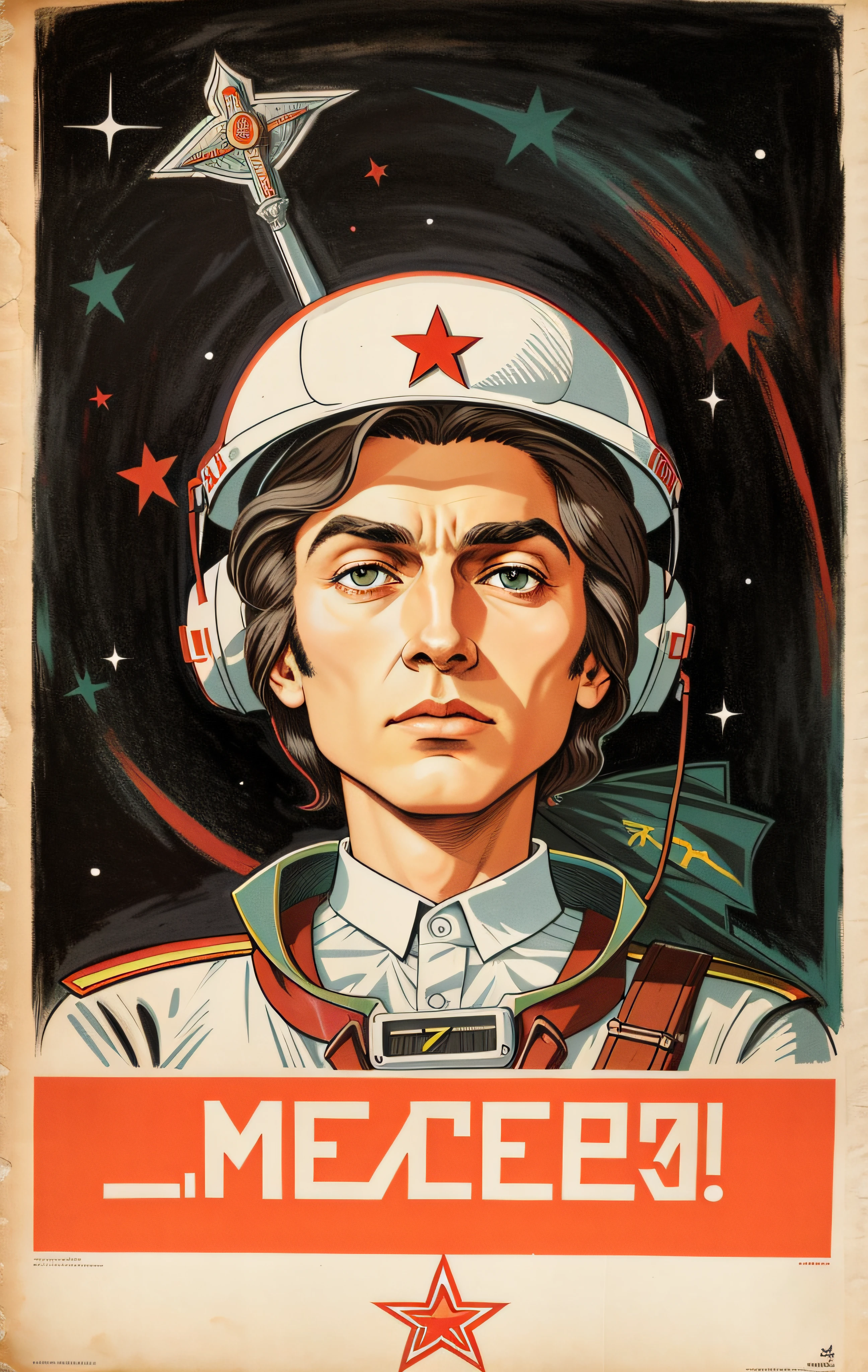 poster con un hombre de mediana edad, mirando hacia el frente con un mirada agresiva, Soviet Propaganda Poster Style