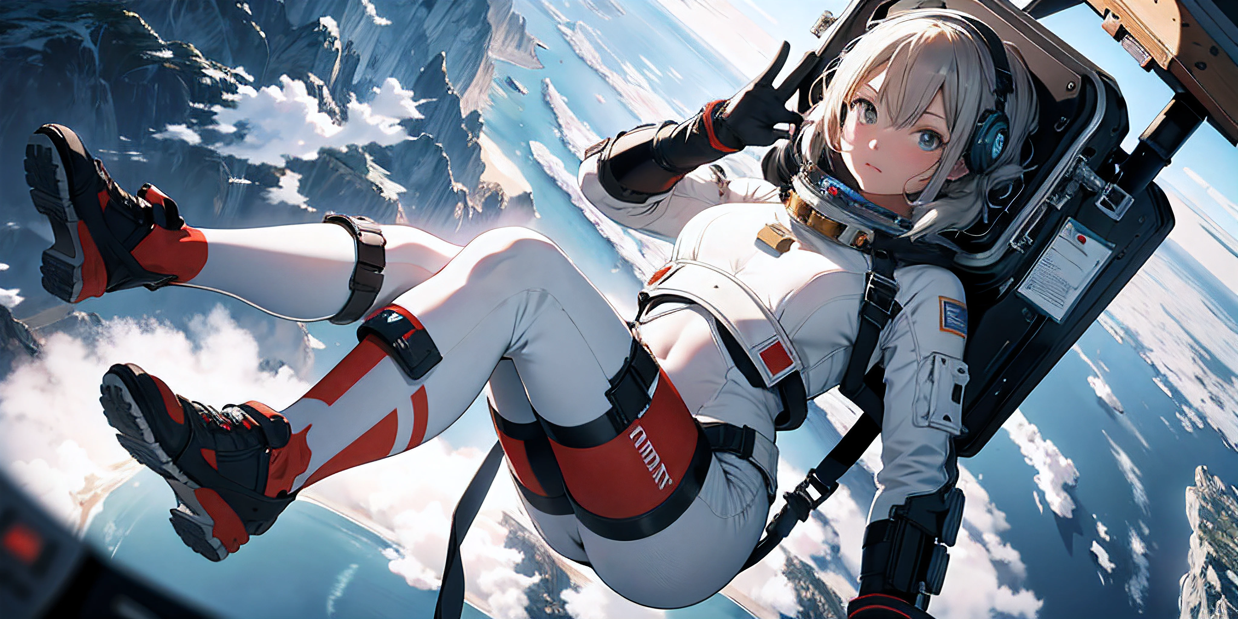 Absurd resolution, high resolution, (masterpiece:1.4), ultra-detailed, 1girl, in spacesuit, seen from above, space, floating, satellite, running pose, wide-angle lens distortion