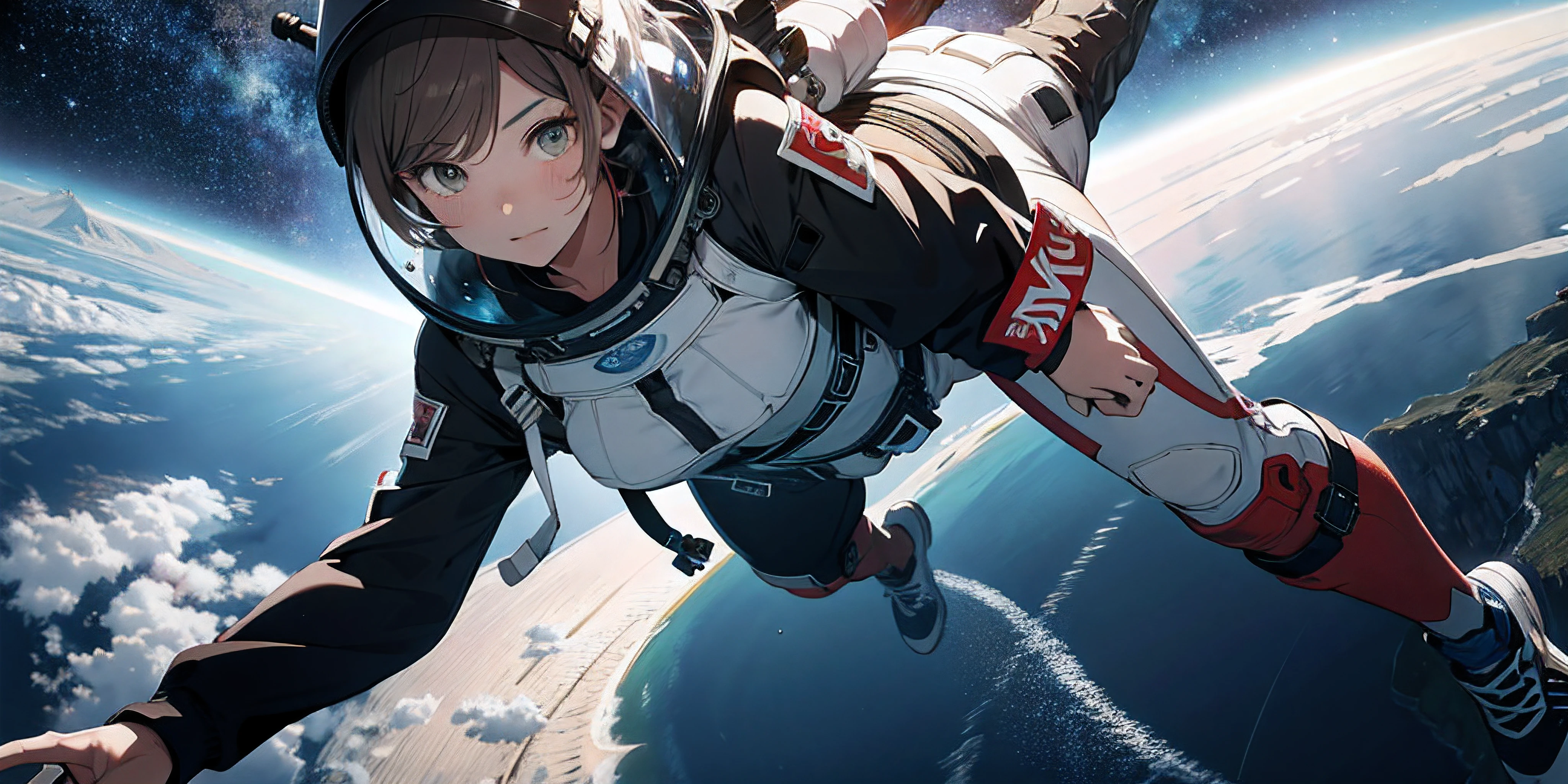 Absurd resolution, high resolution, (masterpiece:1.4), ultra-detailed, 1girl, in spacesuit, seen from above, space, floating, satellite, running pose, wide-angle lens distortion