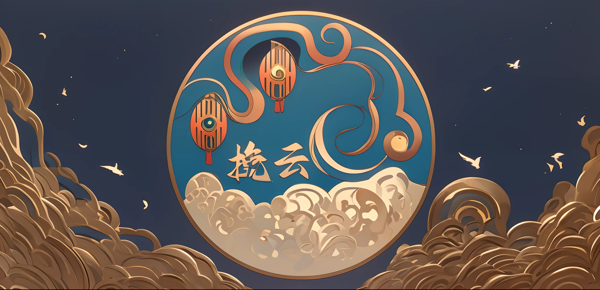 There is a round object in blue and white，There is a bird on it, oriental art nouveau, Art Nouveau vortex, Art Nouveau ornaments, Art Nouveau curves and swirls, inspired by Shūbun Tenshō, Art Nouveau Art Deco, ( Art Nouveau ), (Art Nouveau), in an art nouveau style, inspired by Itō Jakuchū, Art Nouveau accents