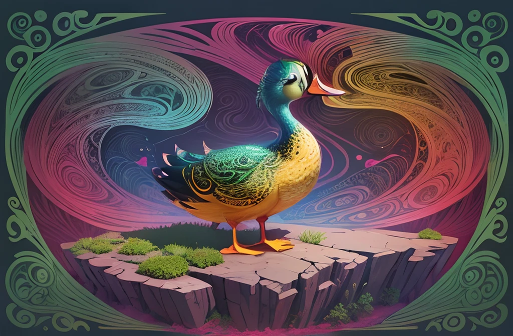 A digital illustration of a psychedelic duck,spreding wings, created with intricate patterns and flowing lines, reminiscent of the art form of digital illustration
