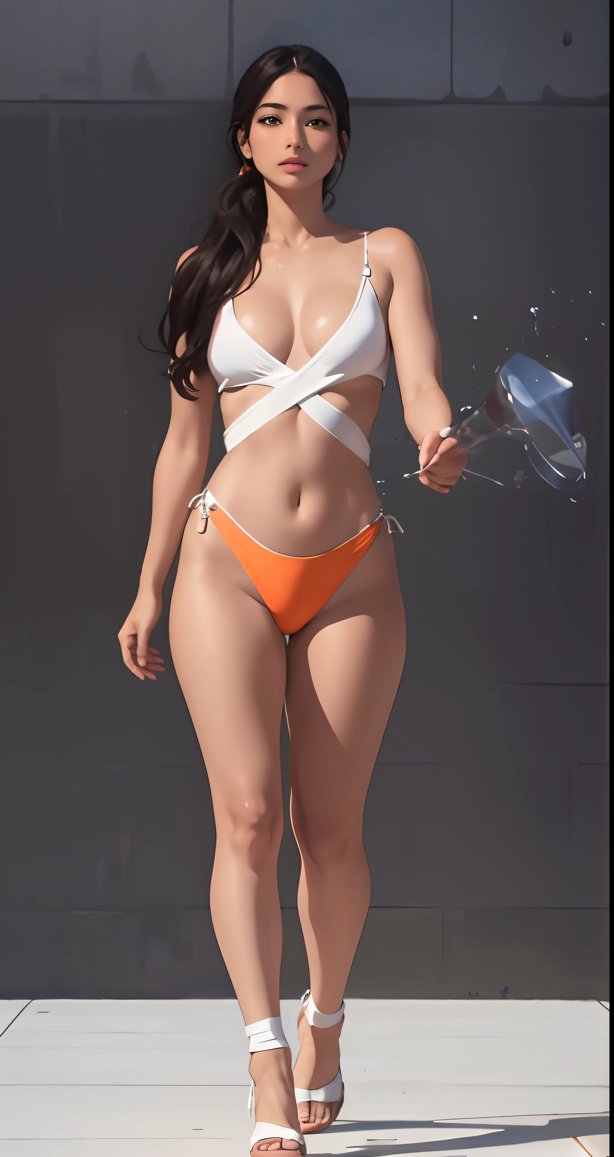 una mujer en bikini caminando por una acera con una botella de agua, en bikini, en bikini, Foto de cuerpo completo en bikini, swimsuit, Medio rosa, swimming suit, Cuerpo atractivo, cuerpo perfecto, cuerpo sexy, naranja y blanco, blanco y naranja, Caliente y soleado, Thicc, is wearing a swimsuit, wet swimsuit, bikini blanco, Bikini honda