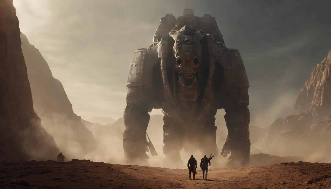 a warriors Silhouette standing in front of a massive Minotaur aggressively standing 100feet tall, located in a battlefield , concept art wallpaper 4k, sci-fi fantasy wallpaper, sci fi artwork, detailed sci-fi art, beautiful sci fi art, spaceships in the cloudy sky, concept art artwork masterpiece, concept art 4k, concept art 4 k, sci fi concept art, mystical sci-fi concept art