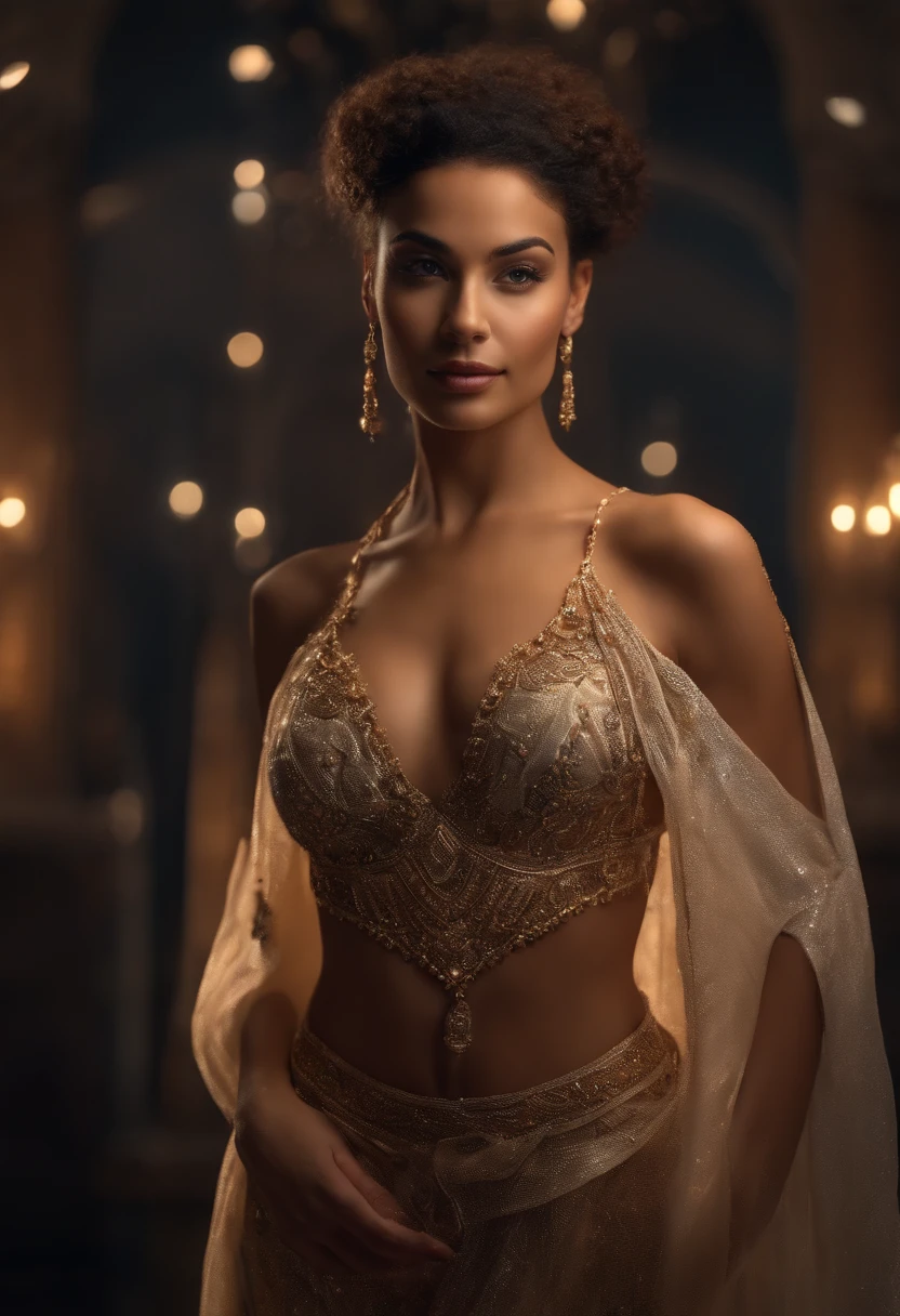 highest quality, 8k, hdr, (head to toe:1.4), RAW digital establishing shot of a young Rondonian or Rondoniense woman standing proudly, slim, sexy body and face, smiling mockingly at viewer, expensive modern clothes, hair adornments, discrete jewelry, realistic lighting, dynamic colors from lighting, hyperrealistic, see through underwear ,