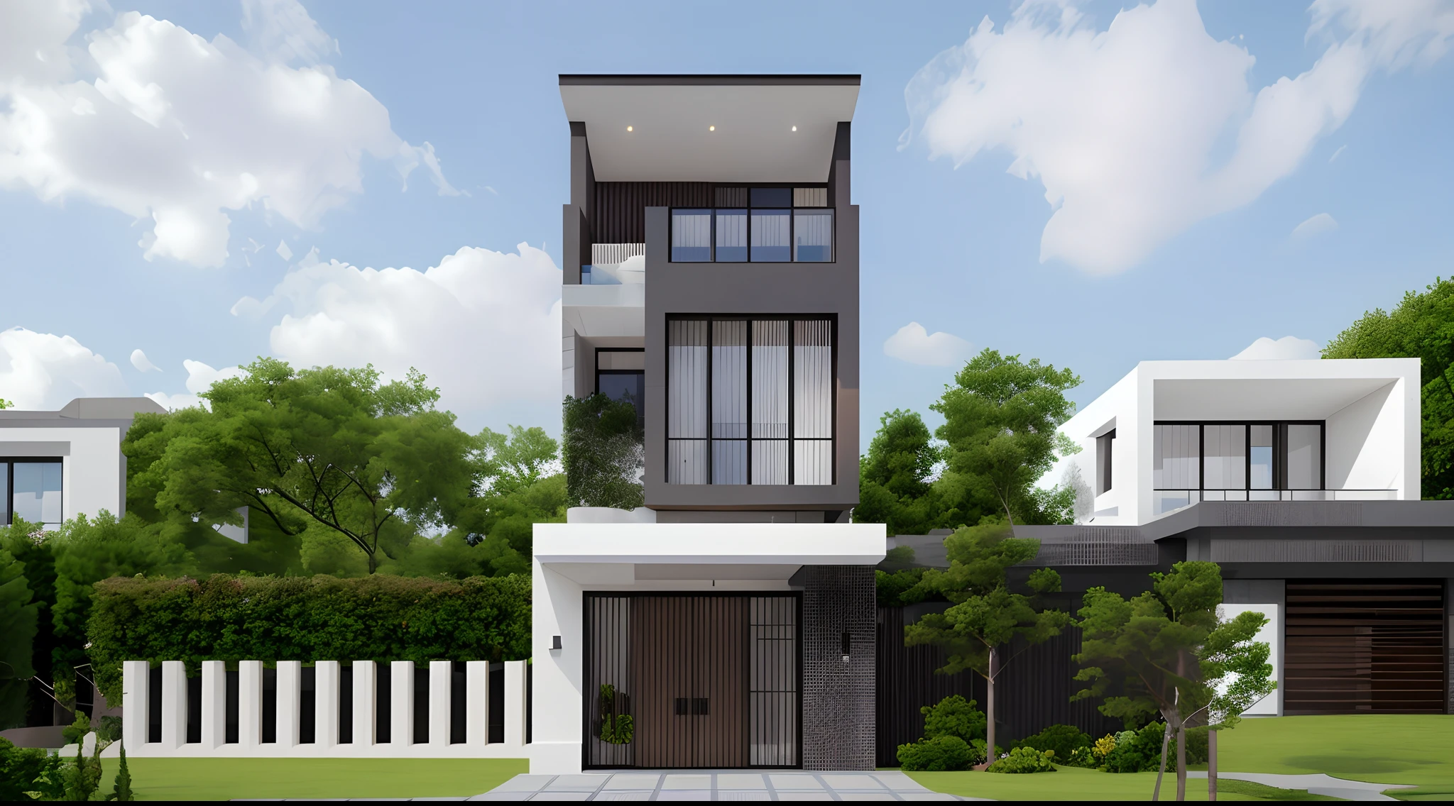 modernvilla, fully tiled, white and wood color, trees, architecture, vivid colour, masterpiece,best quality,super detailed,realistic,photorealistic, 8k, Real Photos of a building