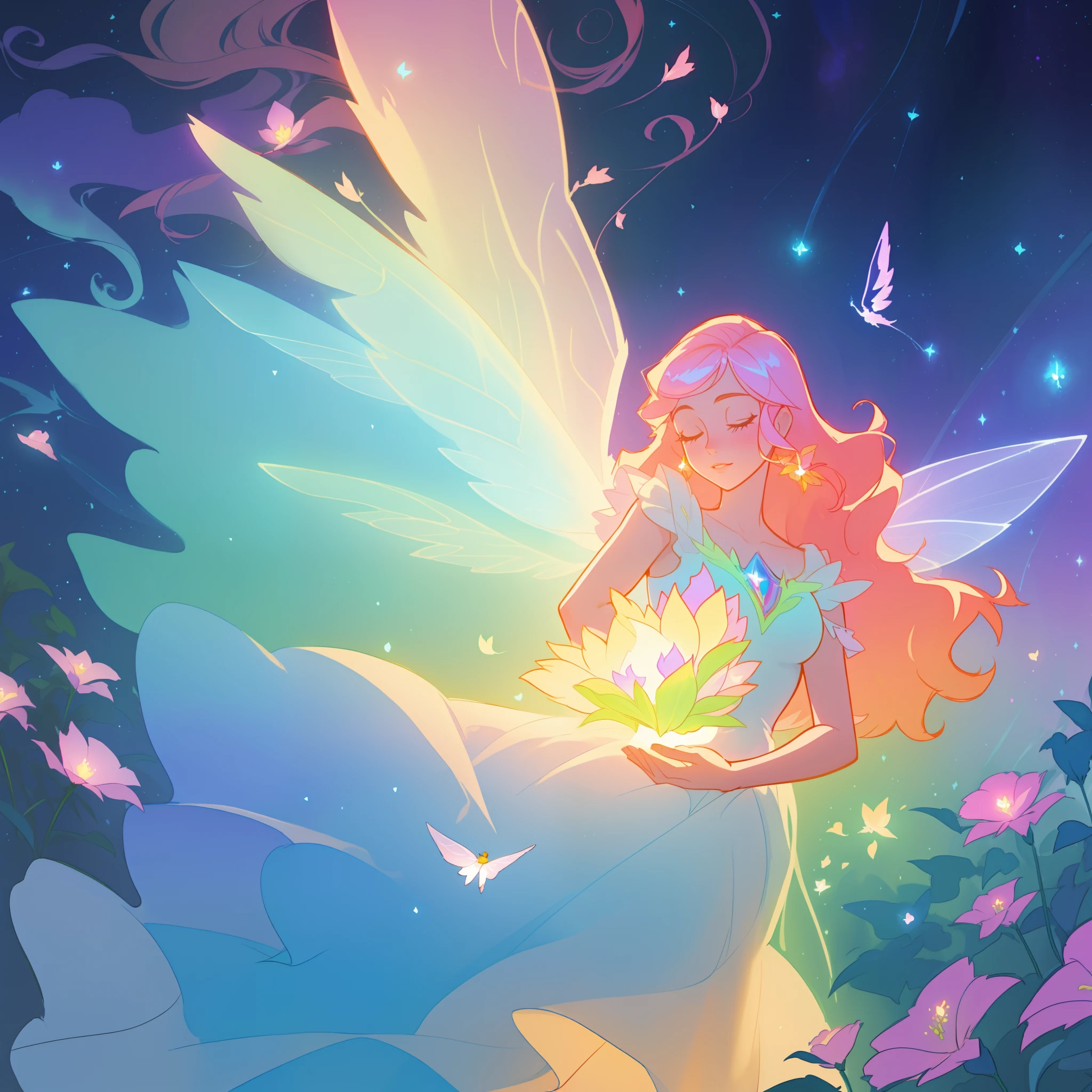 beautiful girl in flowing ballgown dress, (glowing fairy wings), glowing flowing ballgown, long wavy hair, sparkling fairy wings, watercolor illustration, flowers and colorful plants, inspired by Glen Keane, inspired by Lois van Baarle, disney art style, by Lois van Baarle, glowing aura around her, by Glen Keane, jen bartel, glowing lights! digital painting, flowing glowing hair, glowing flowing hair, beautiful digital illustration, fantasia otherworldly landscape plants flowers, beautiful, masterpiece, best quality, anime disney style