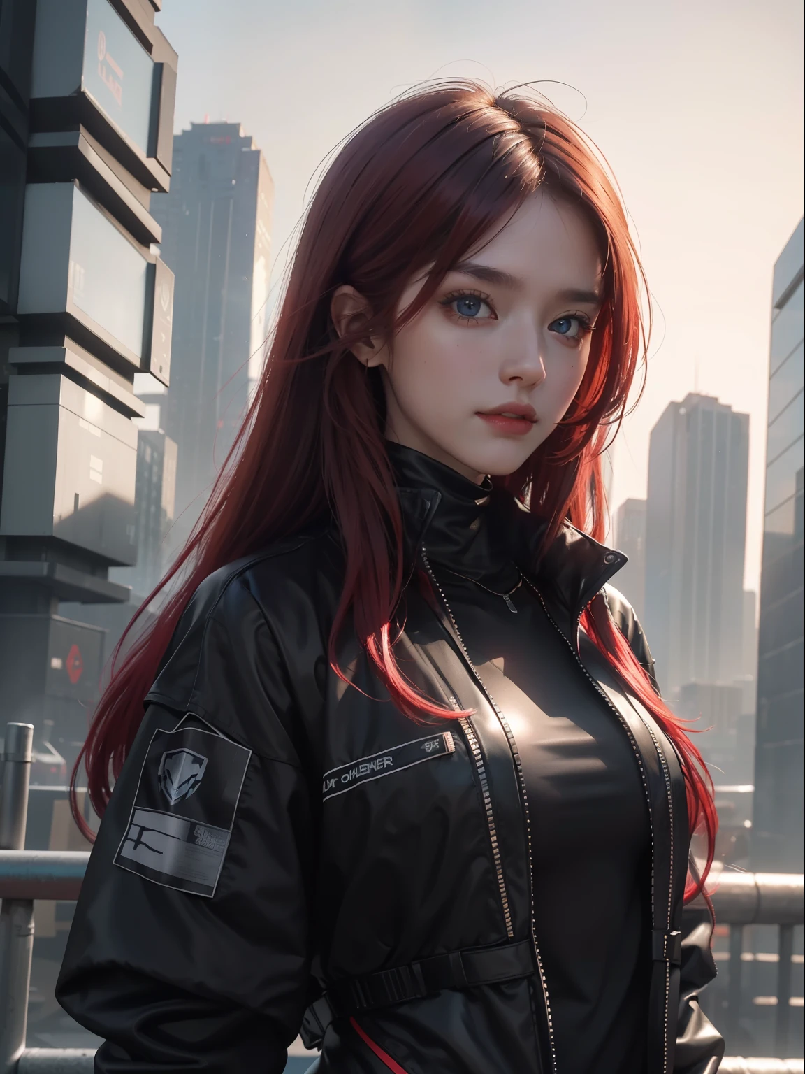 Masterpiece , A girl , Red long-haired , Blue eyes , Gradient , Perfect figure , ( techwear outfits:1.2) , Cyberpunk , future , Modernity , at cyberpunk city, lite smile , Detailed face ,, , (8K, Best quality 1.2), Ultra-detailed, 8K, Ultra HD,, Soft lighting, High quality, filmgrain, Beautiful lighting,, (Cinematic:1.4) ,Perfect body , Best illumination, Best shadow, Sharpness, Contrast,