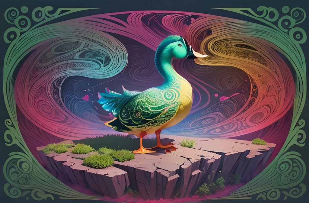 A digital illustration of a psychedelic duck,spreding wings, created with intricate patterns and flowing lines, reminiscent of the art form of digital illustration