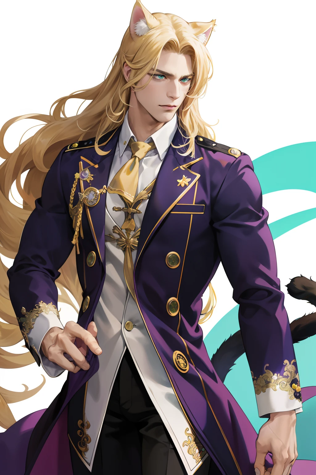 Purple coat, one male, cat ears, long hair, blond, blond hair, green eyes, tall, muscular, white shirt, beautiful face, highest quality, masterpiece, 2d, anime, perfect face, highest detail, feline eyes, stubble, cat tail, wavy hair, cowboy shot, detailed face, intricate details, blushing, nervous,