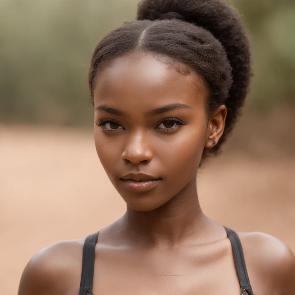 best quality, high detail, (detailed face), detailed eyes,((best quality, masterpiece)), ((2 caramel skinned African girl)), bra, (arms at side:1.2), groin,big hip bones, ponytail, black hair, (((underboob))), standing, outdoors, facing side ways