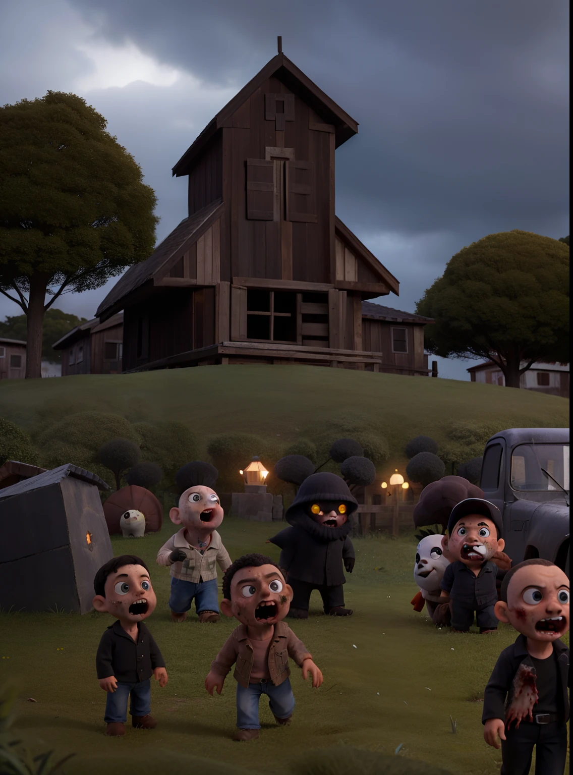 Em uma aldeia, The sky was very gray and dark, havia neblina cinzenta e negra de mal, em toda parte. There were zombie plush toys